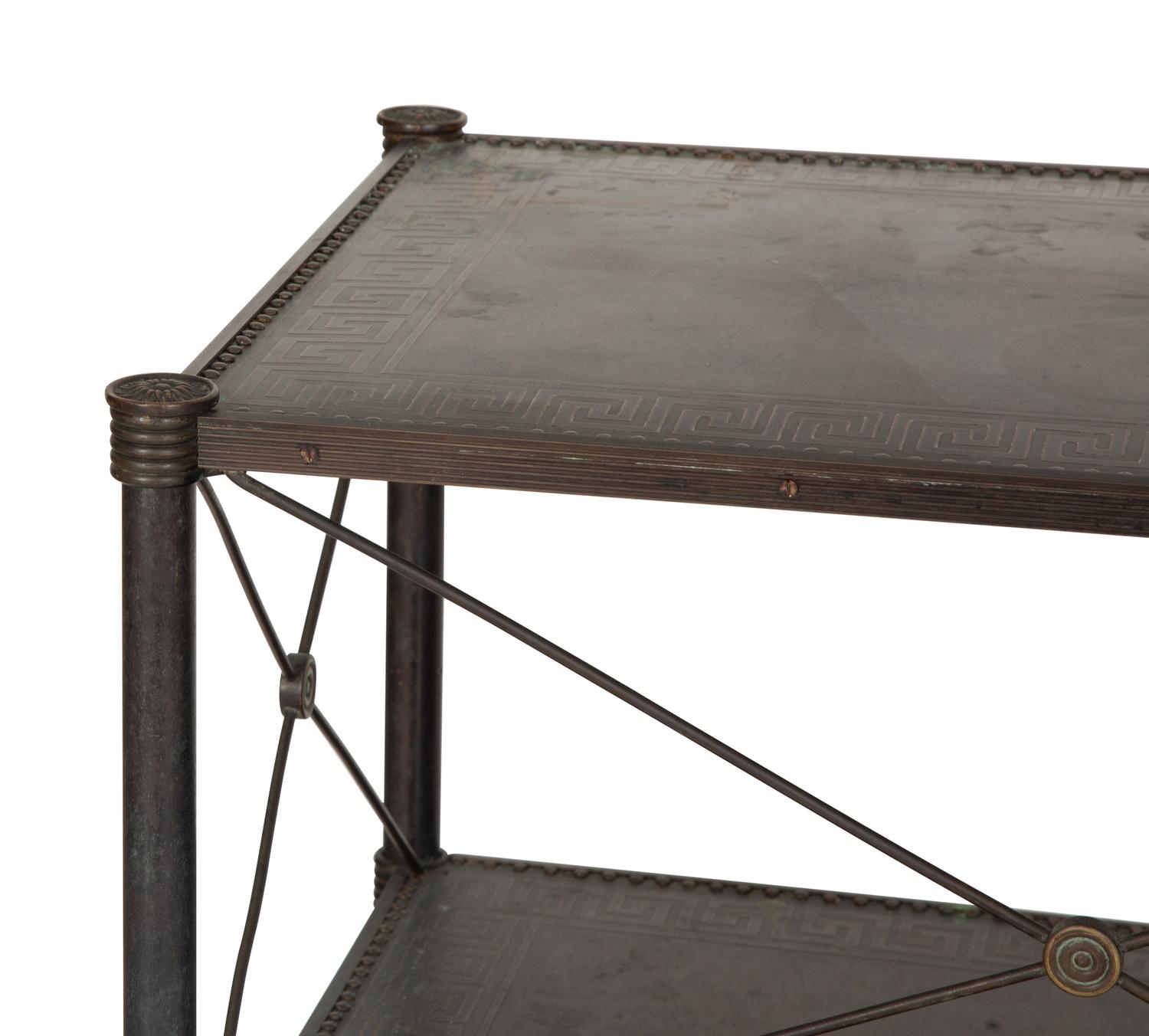 A Pair of French Brass Mounted Black Tole Shelves in the Manner of Maison Jansen — 20th Century