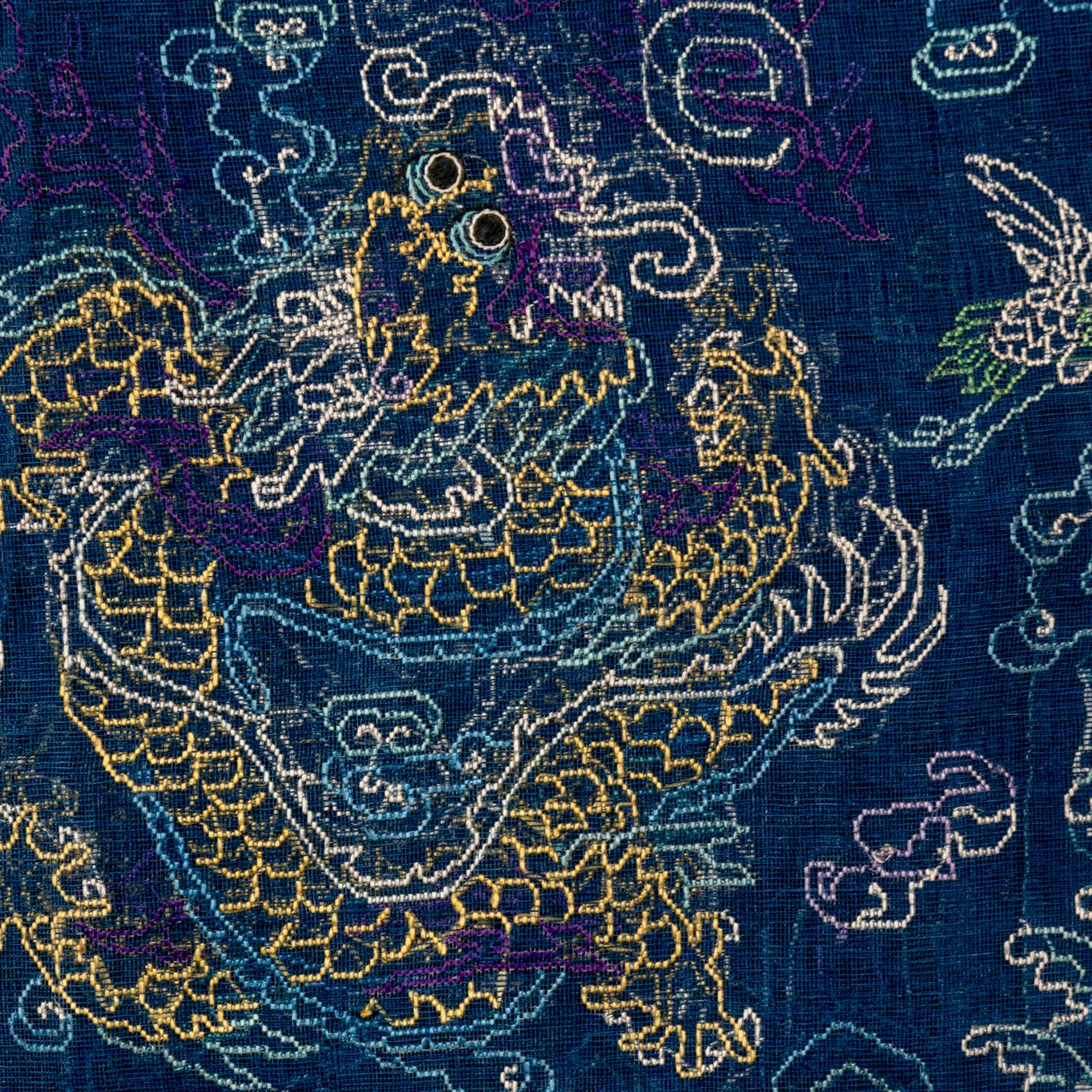 A Chinese Summer Gauze 'Dragon' Robe, Jifu, Late 19th Century 清晚期 藍地納紗繡雲龍紋夏吉服