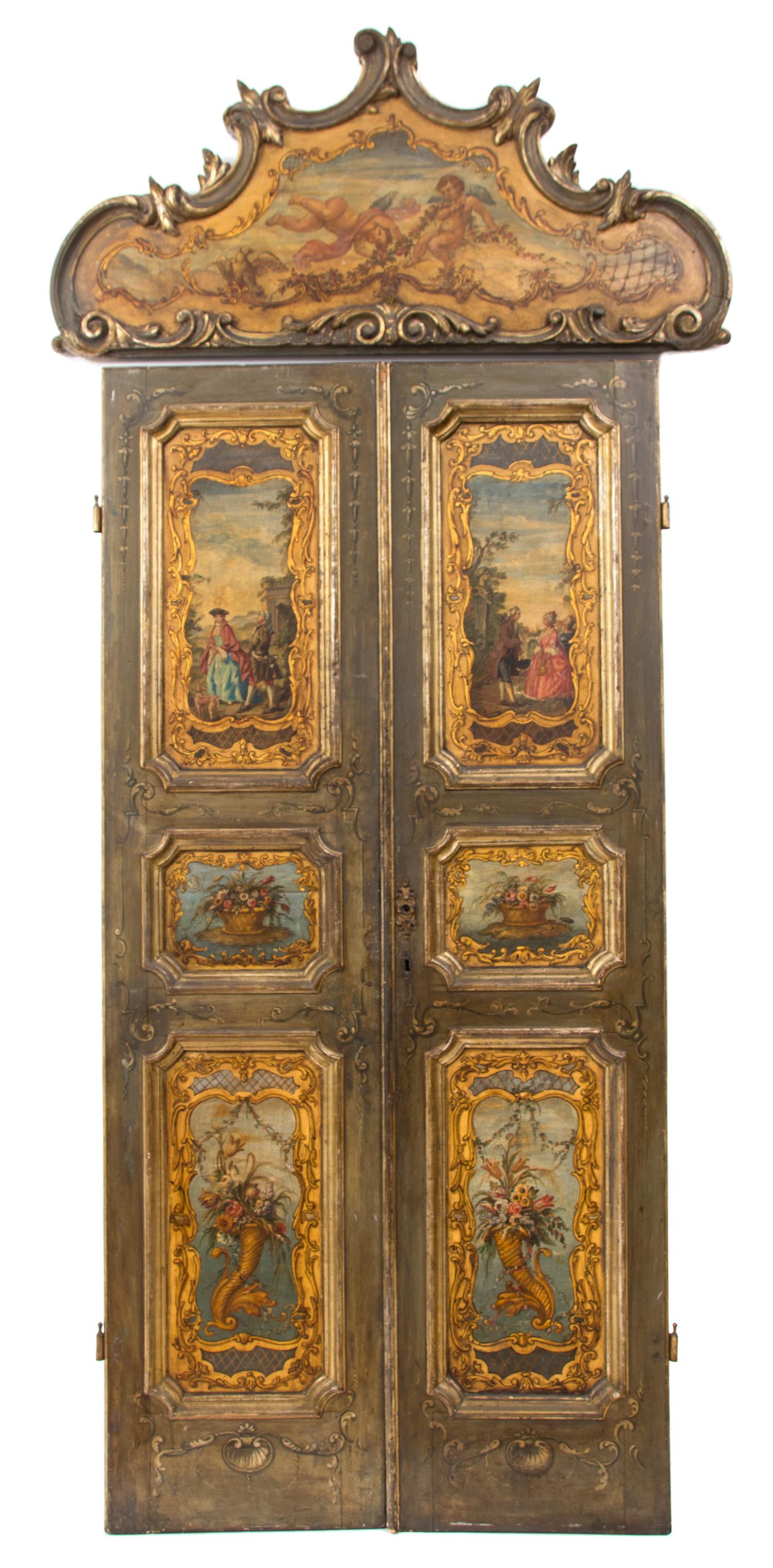 Two Pairs of Venetian Style Painted and Parcel Gilt Doors Height of each 99 1/2 x width 45 3/4 inches. — 19TH CENTURY