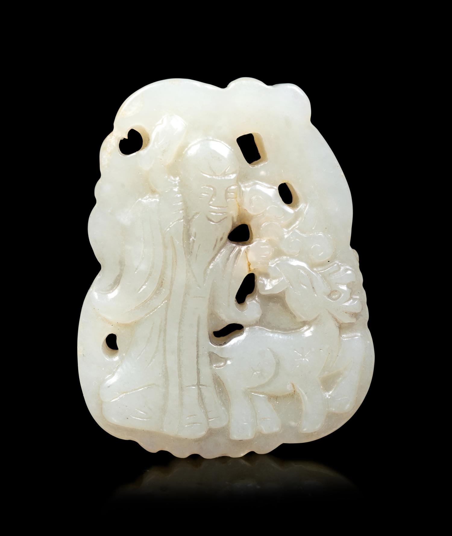 Three Chinese Celadon Jade Carved Figures of Immortals