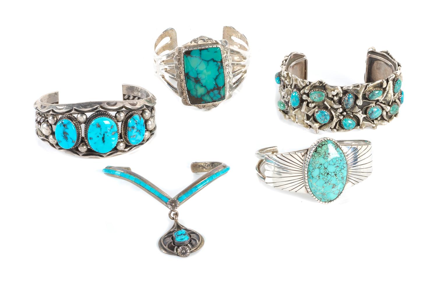 Five Southwestern Silver and Turquoise Cuff Bracelets Length of largest 5 3/4 x opening 1 1/4 x width 1 3/8 inches