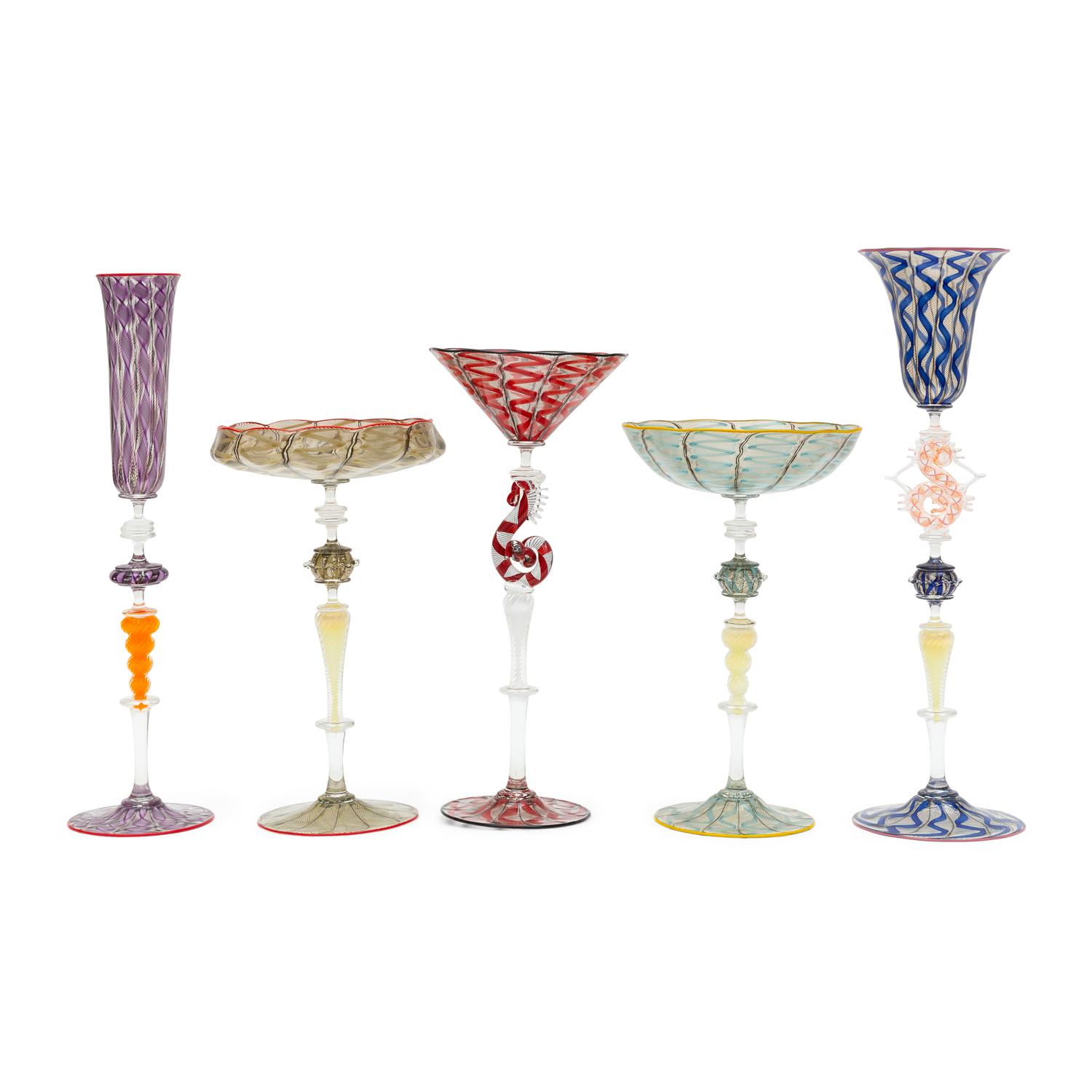 A Collection of Five Decorated Venetian Art Glass Goblets