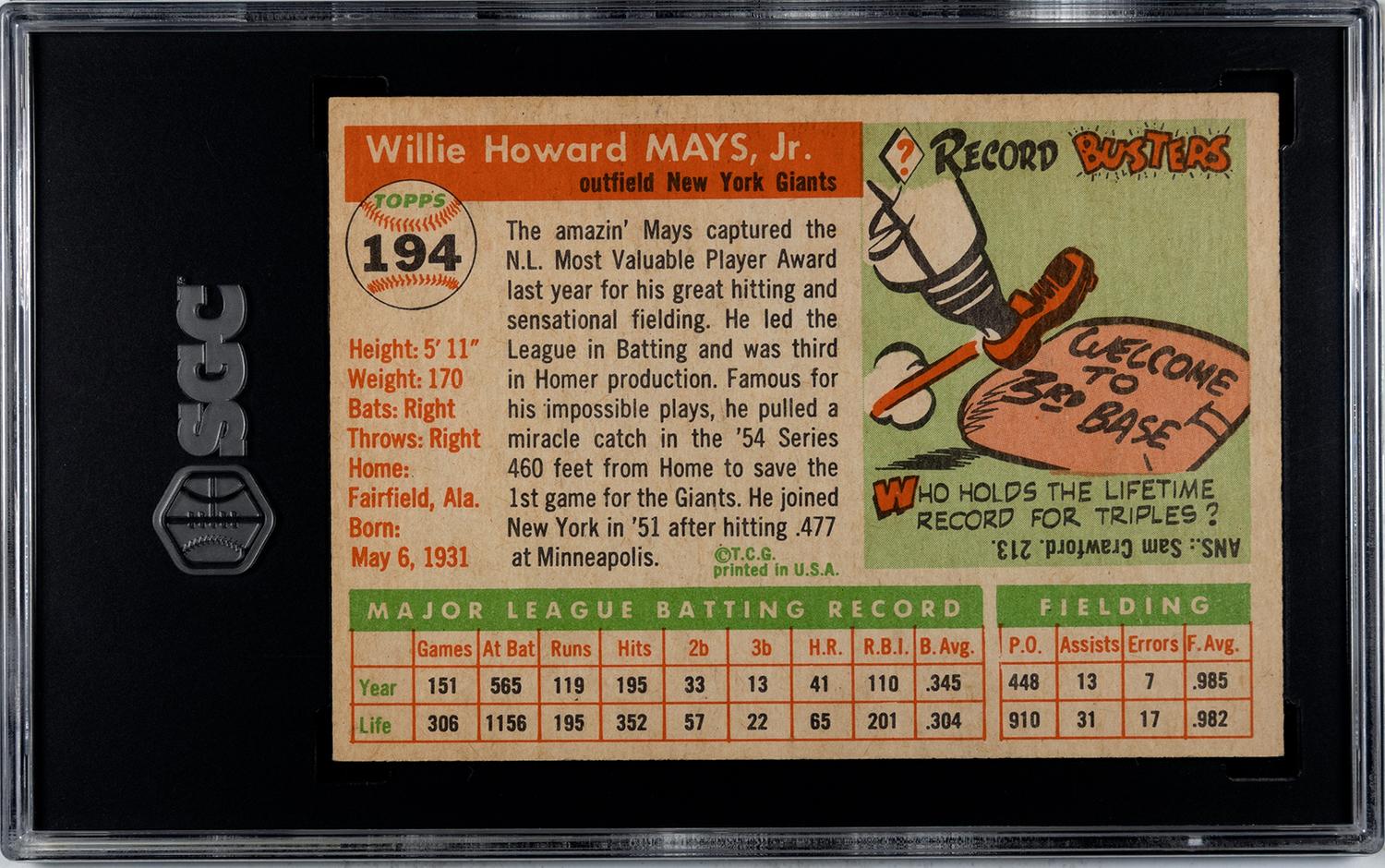 A 1955 Topps Willie Mays Baseball Card No. 194 (SGC 6.5 EX/NM+)