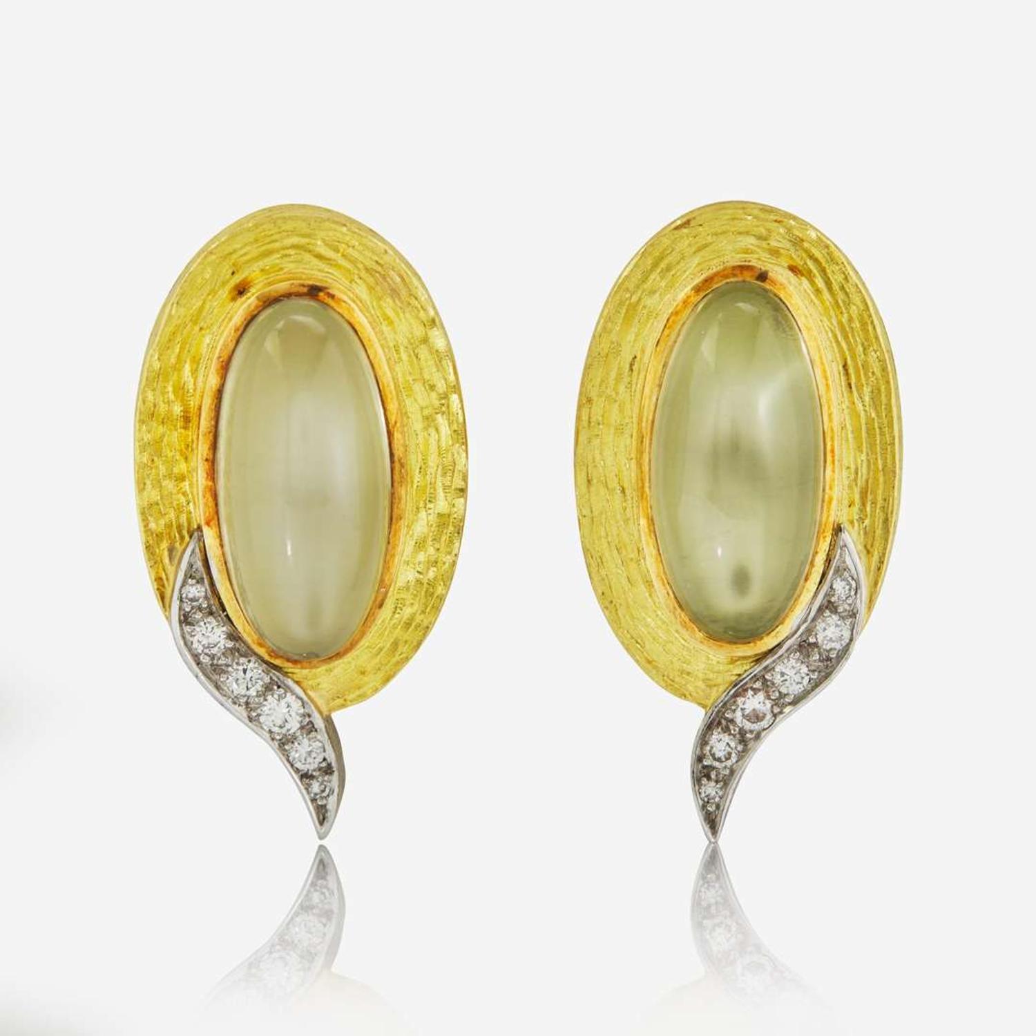 A Pair of Andrew Grima Moonstone, Diamond, and Gold Ear Clips c. 1986