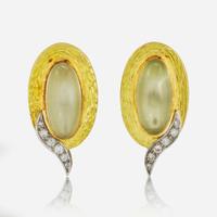 A Pair of Andrew Grima Moonstone, Diamond, and Gold Ear Clips c. 1986