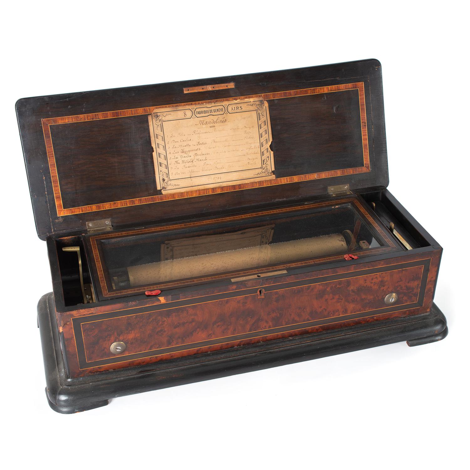 An Eight Tune Cylinder Swiss Music Box with Inlaid Burl Walnut Case