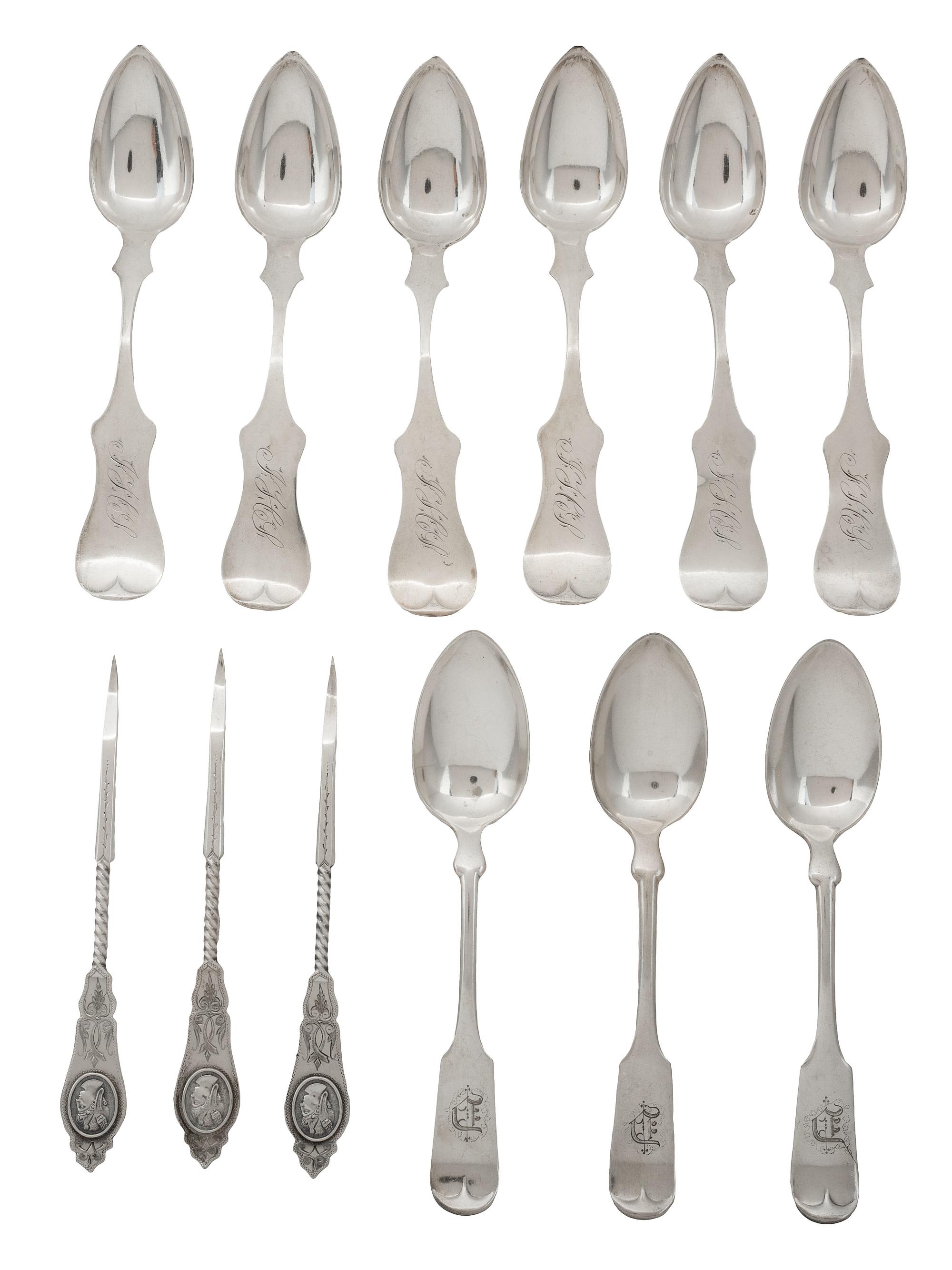 Twelve American Coin Silver Flatware and Serving Articles