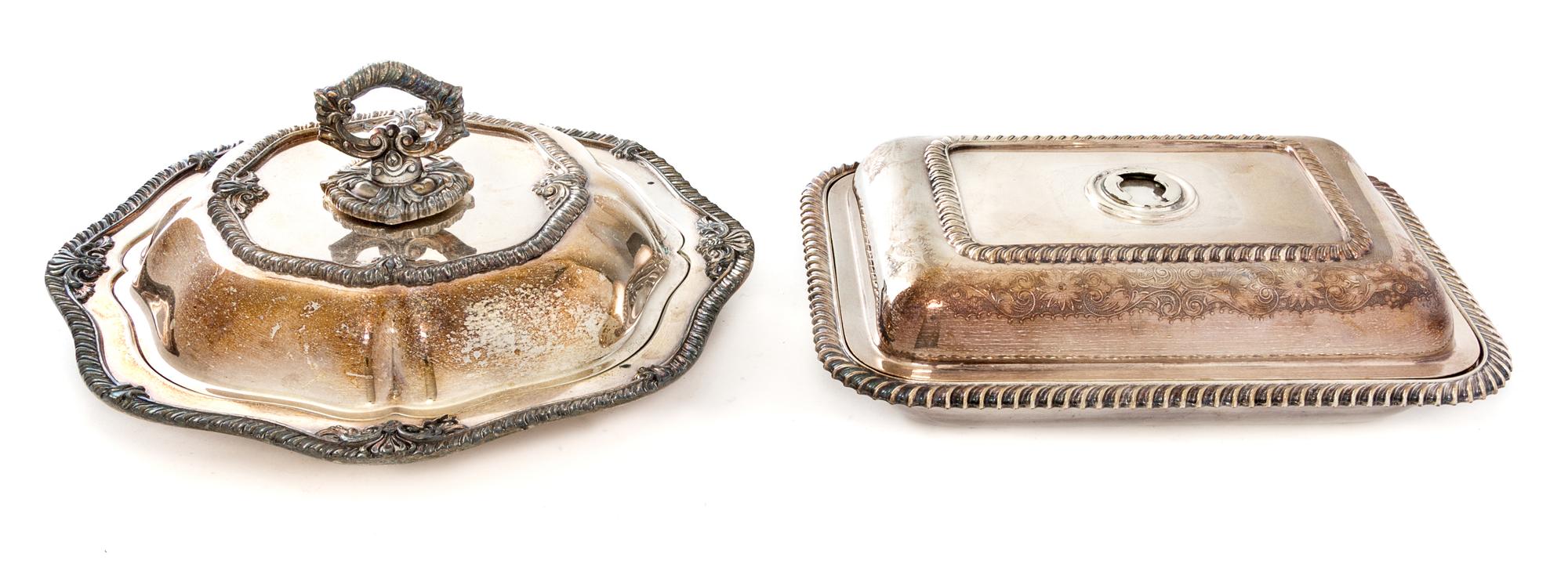 Five Silver-Plate Covered Entree Dishes and Covers Width of first 13 1/2 inches.