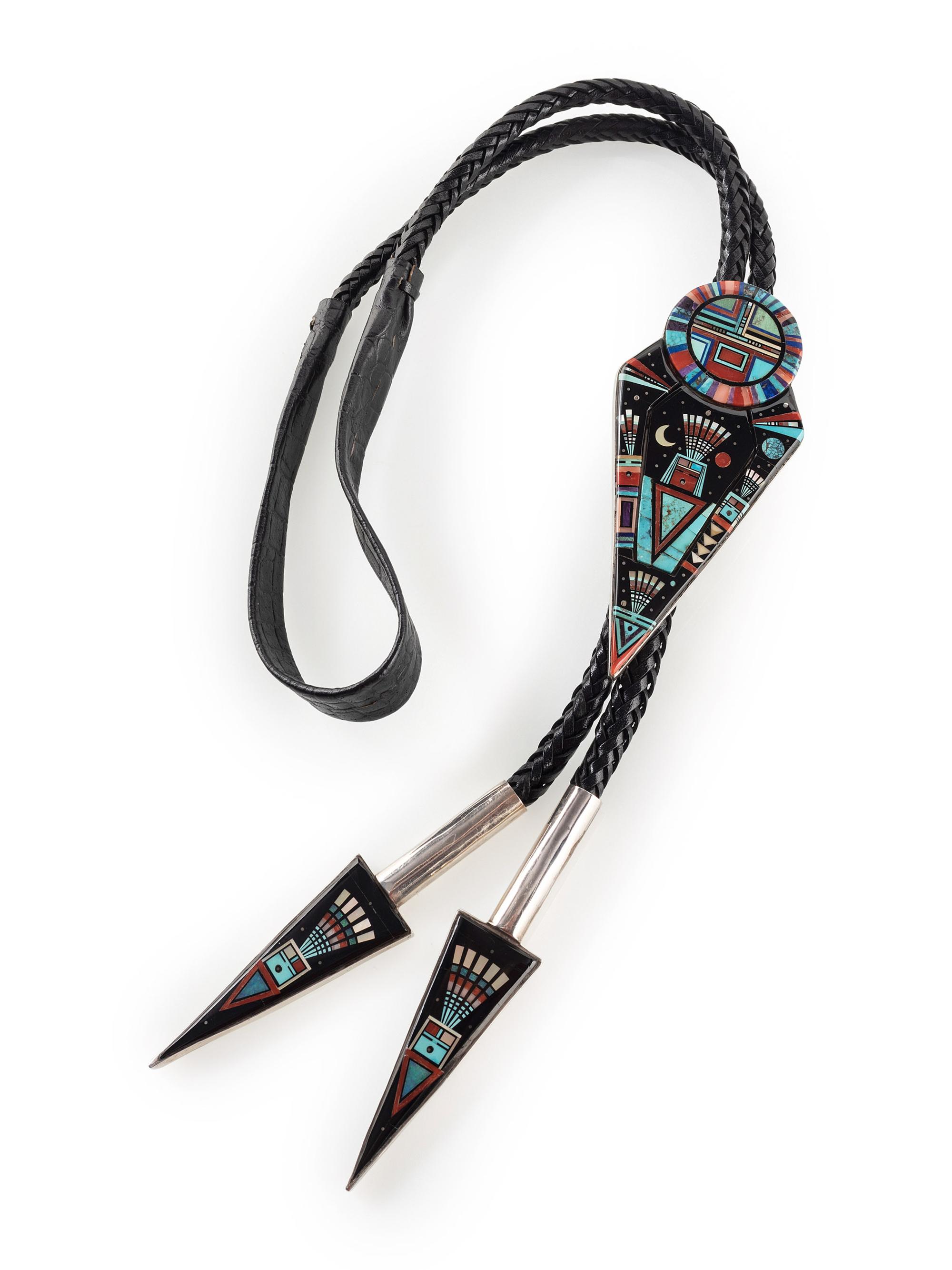 Sterling Silver and Mosaic Inlay Abstract Figural Bolo Tie