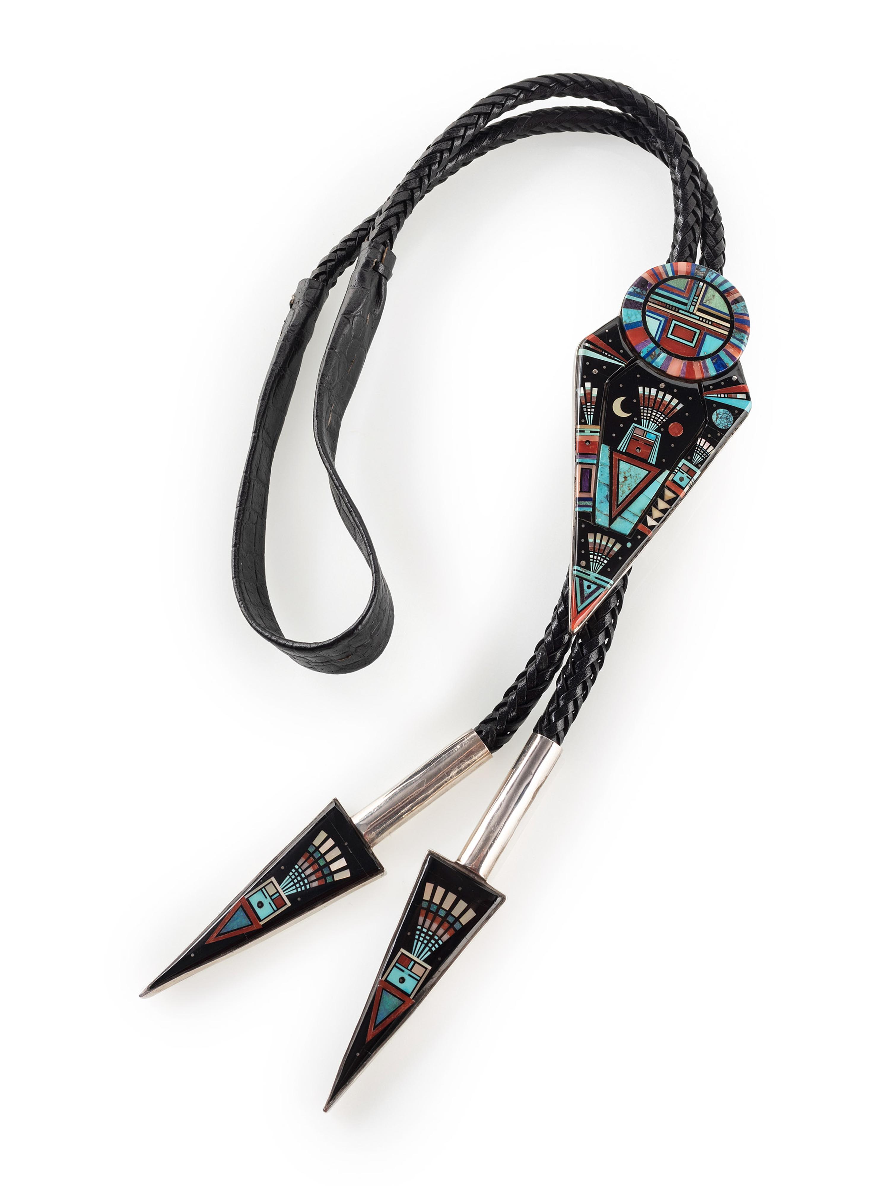 Sterling Silver and Mosaic Inlay Abstract Figural Bolo Tie
