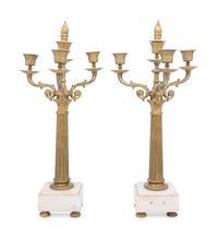 A Pair of Continental Gilt Bronze and Marble Three-Light Candelabra