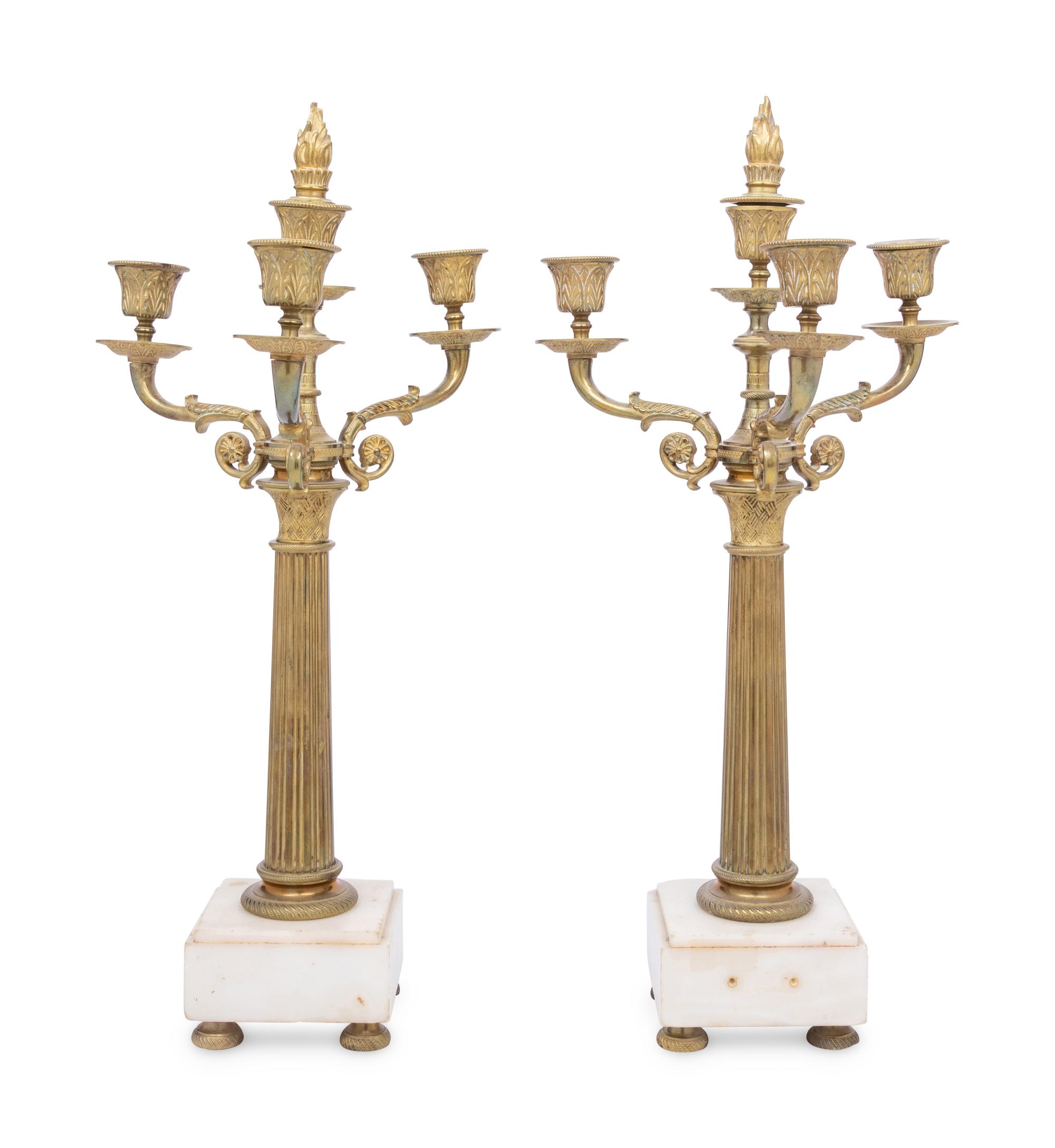 A Pair of Continental Gilt Bronze and Marble Three-Light Candelabra
