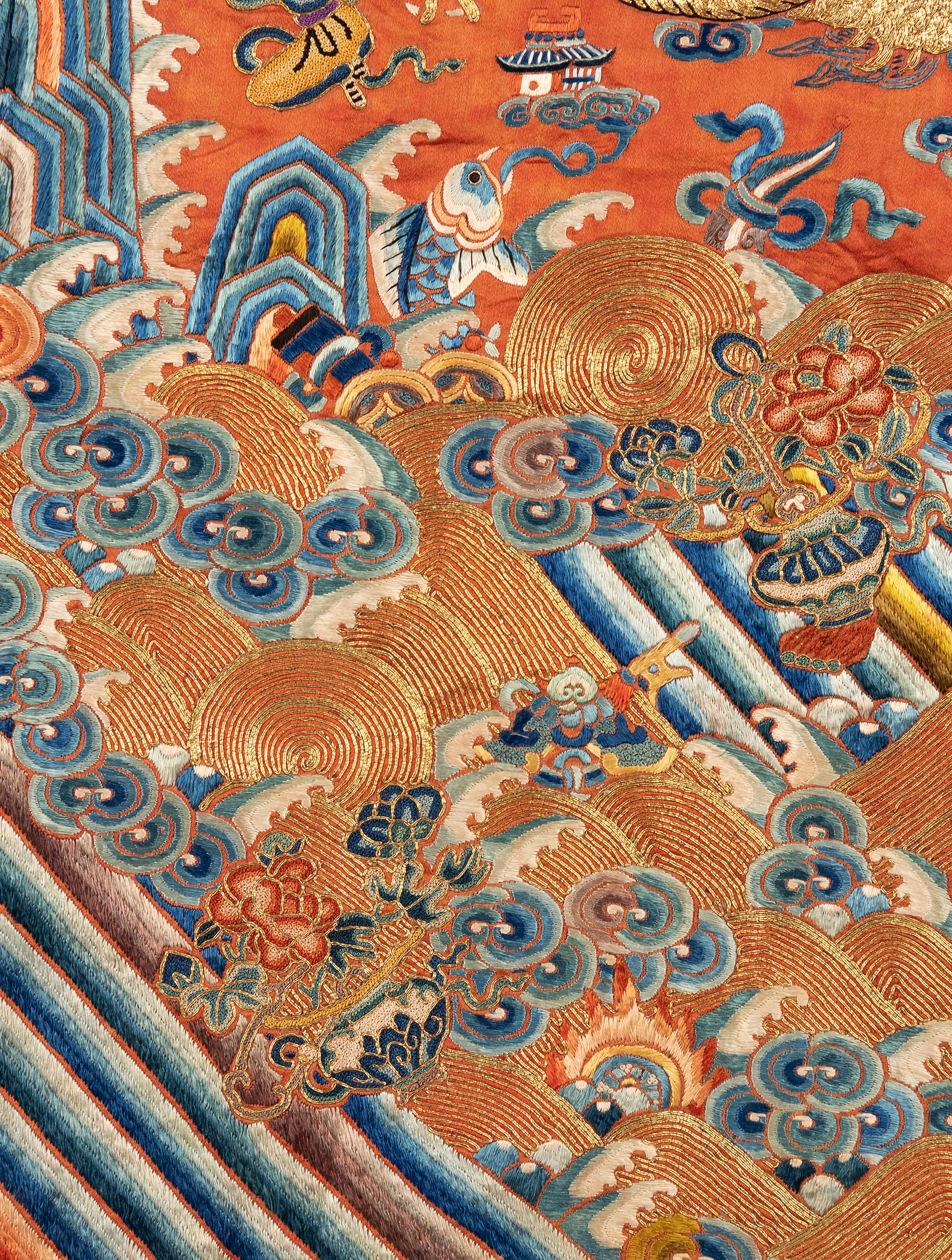 A Apricot Ground Embroidered Silk 'Dragon' Robe, Jifu