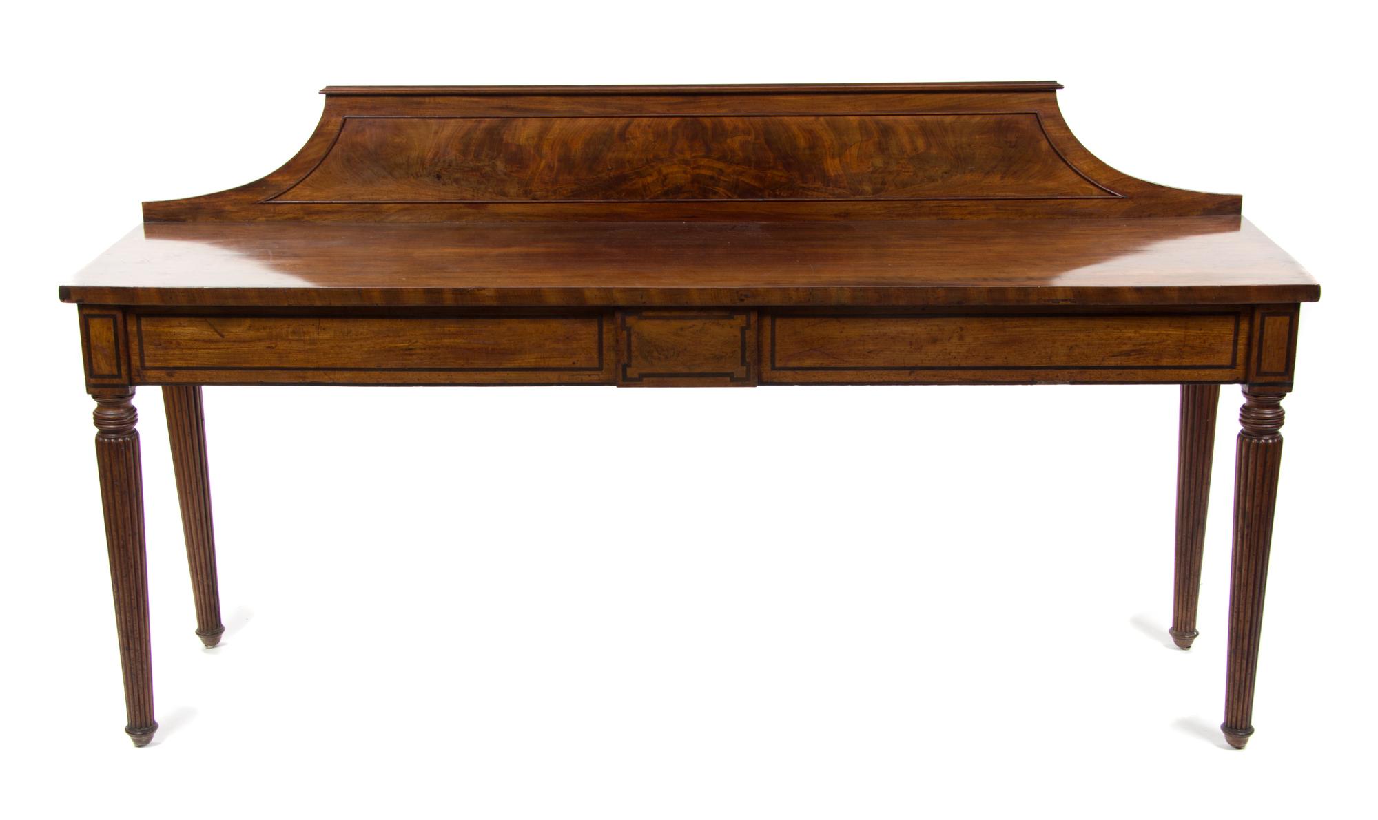 A Regency Mahogany Server, Height 32 1/4 x width 78 1/4 x depth 19 3/4 inches.