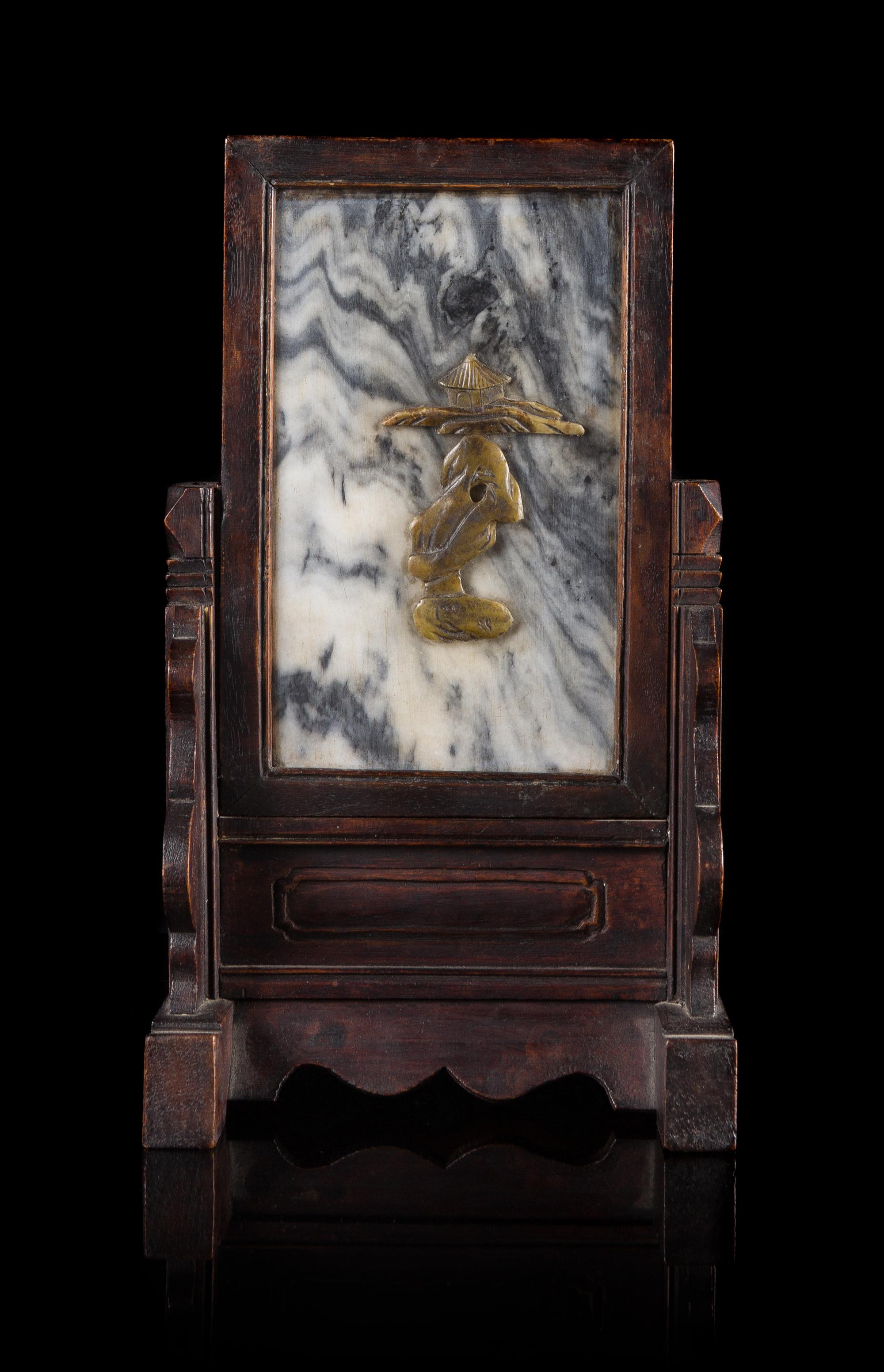 A Hardstone Inset Wood Table Screen Height 10 inches.