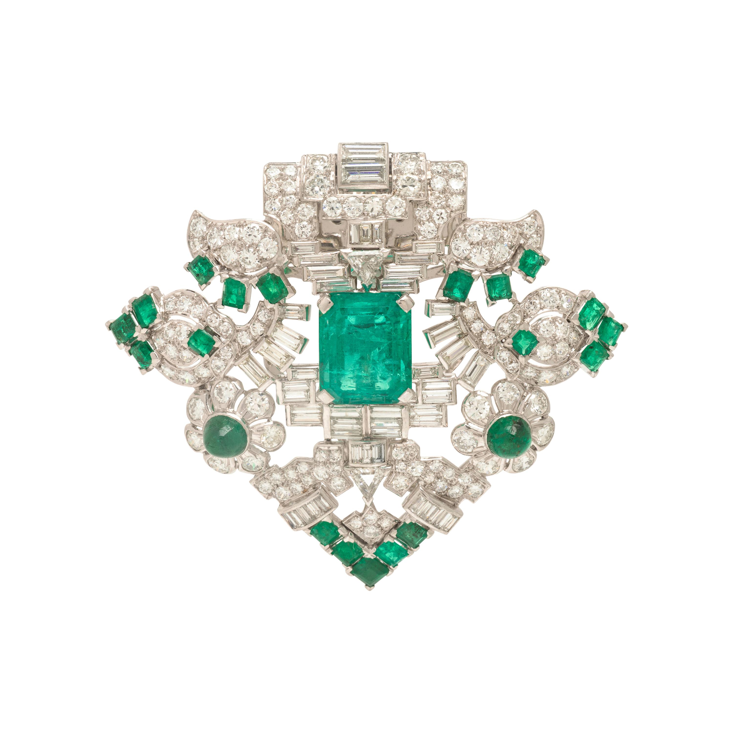 Seaman Schepps, Art Deco, Emerald, Diamond, and Platinum Clip Brooch