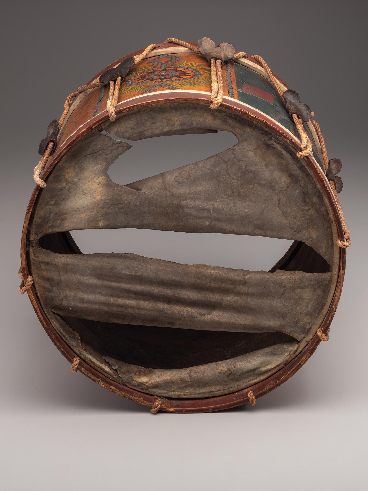[MILITARIA]. Possibly Mexican War painted drum featuring ornate tack design, with drumsticks.