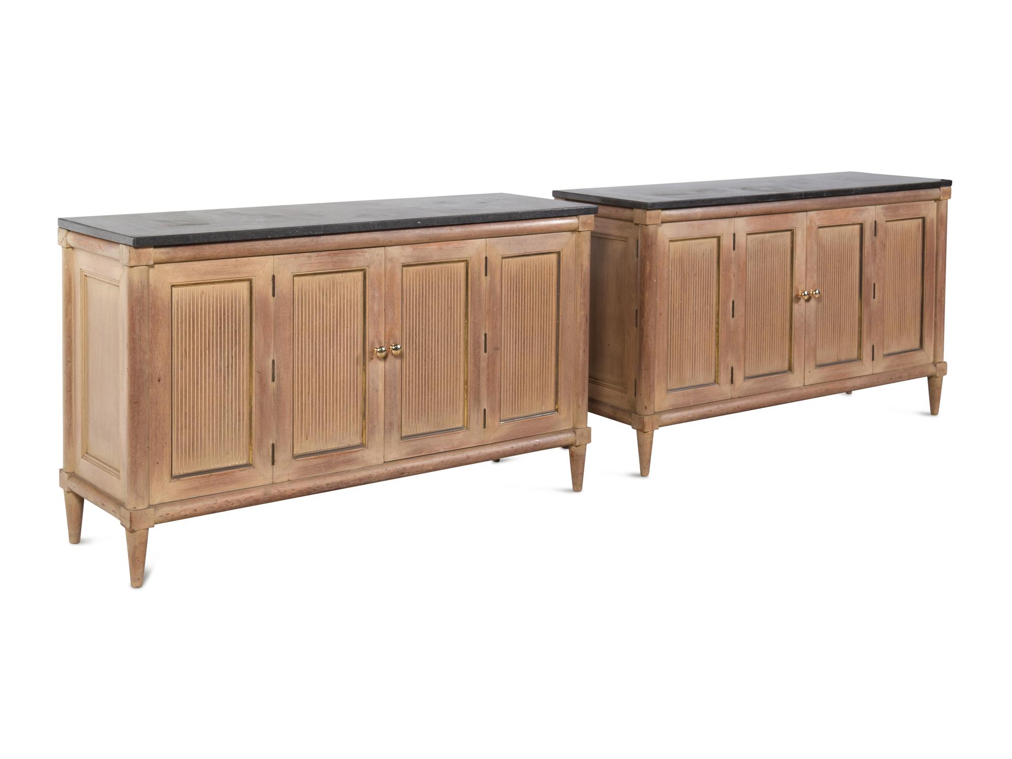 A Pair of Reed-Carved Marble-Top Console Cabinets in the Style of Maison Jansen
