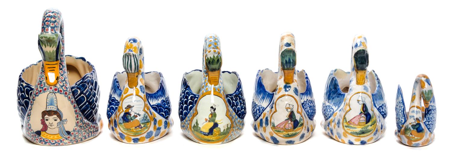 A Collection of Six Quimper Swan Form Pottery Bowls Length of longest 10 1/4 inches.