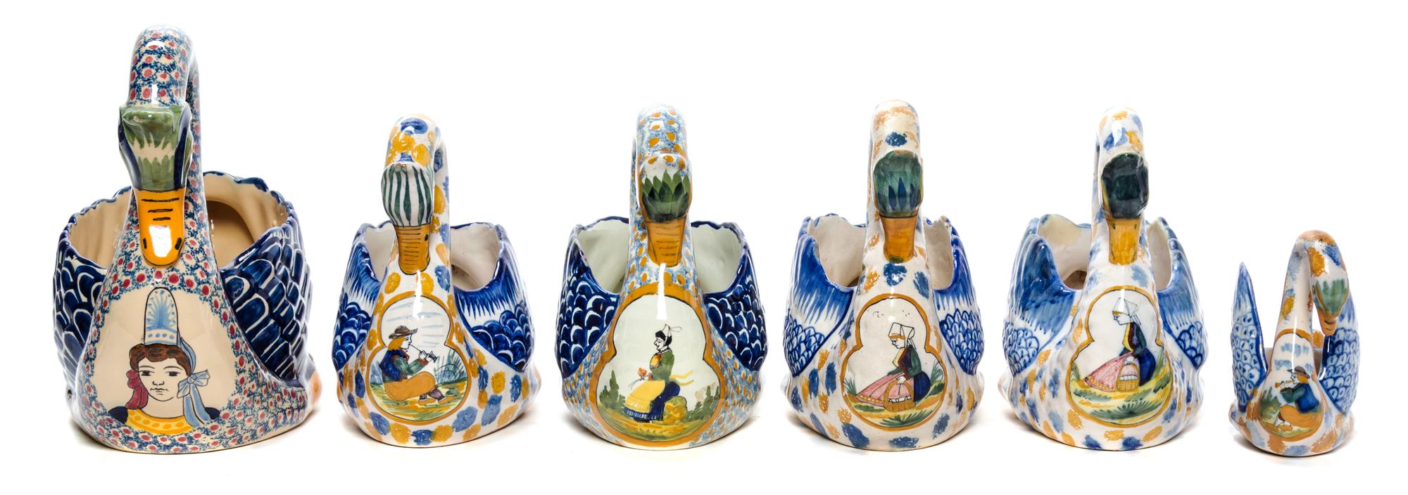 A Collection of Six Quimper Swan Form Pottery Bowls Length of longest 10 1/4 inches.