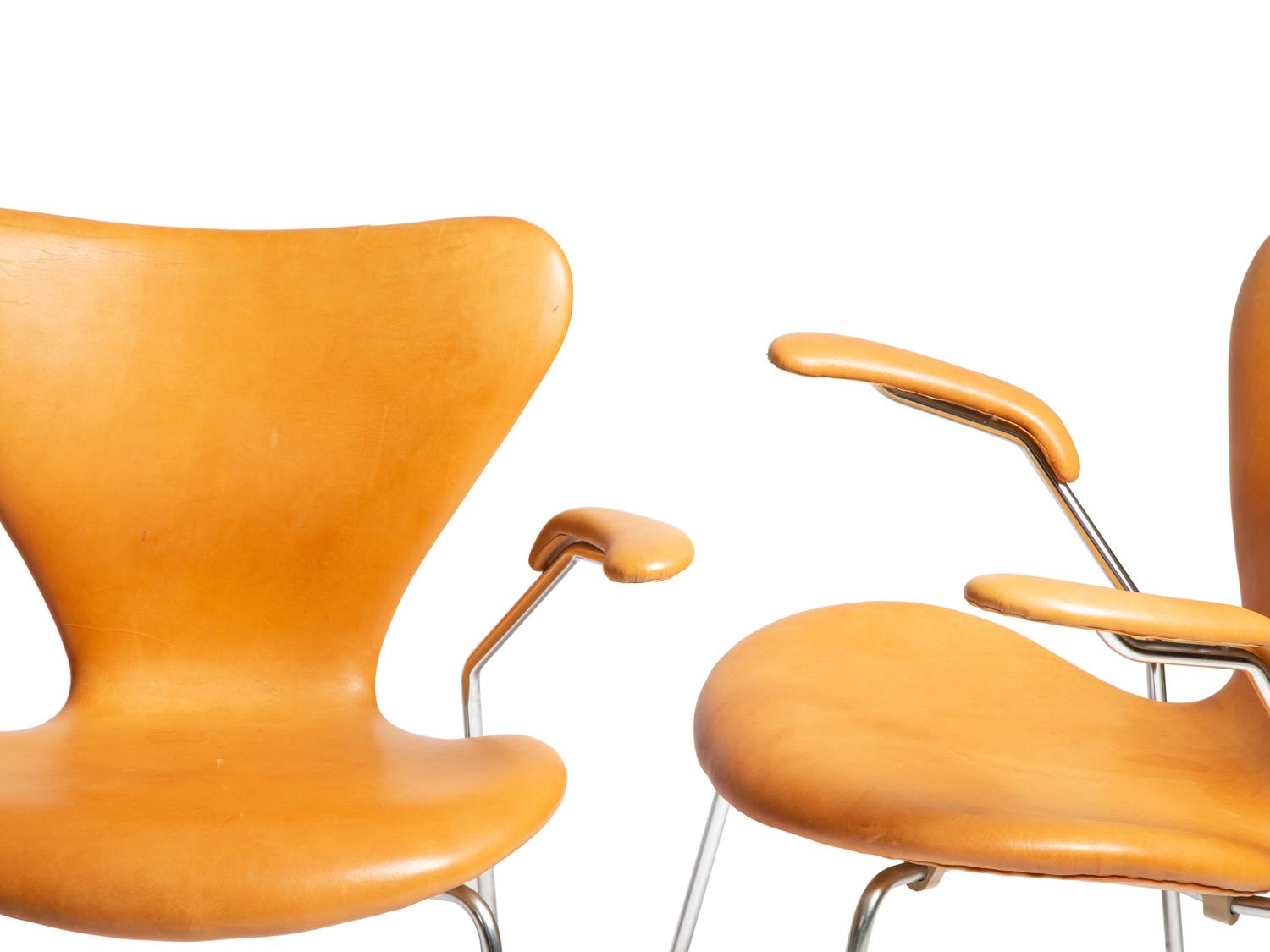 Four Cognac Leather Dining Chairs, model 3207 Fritz Hansen, Denmark