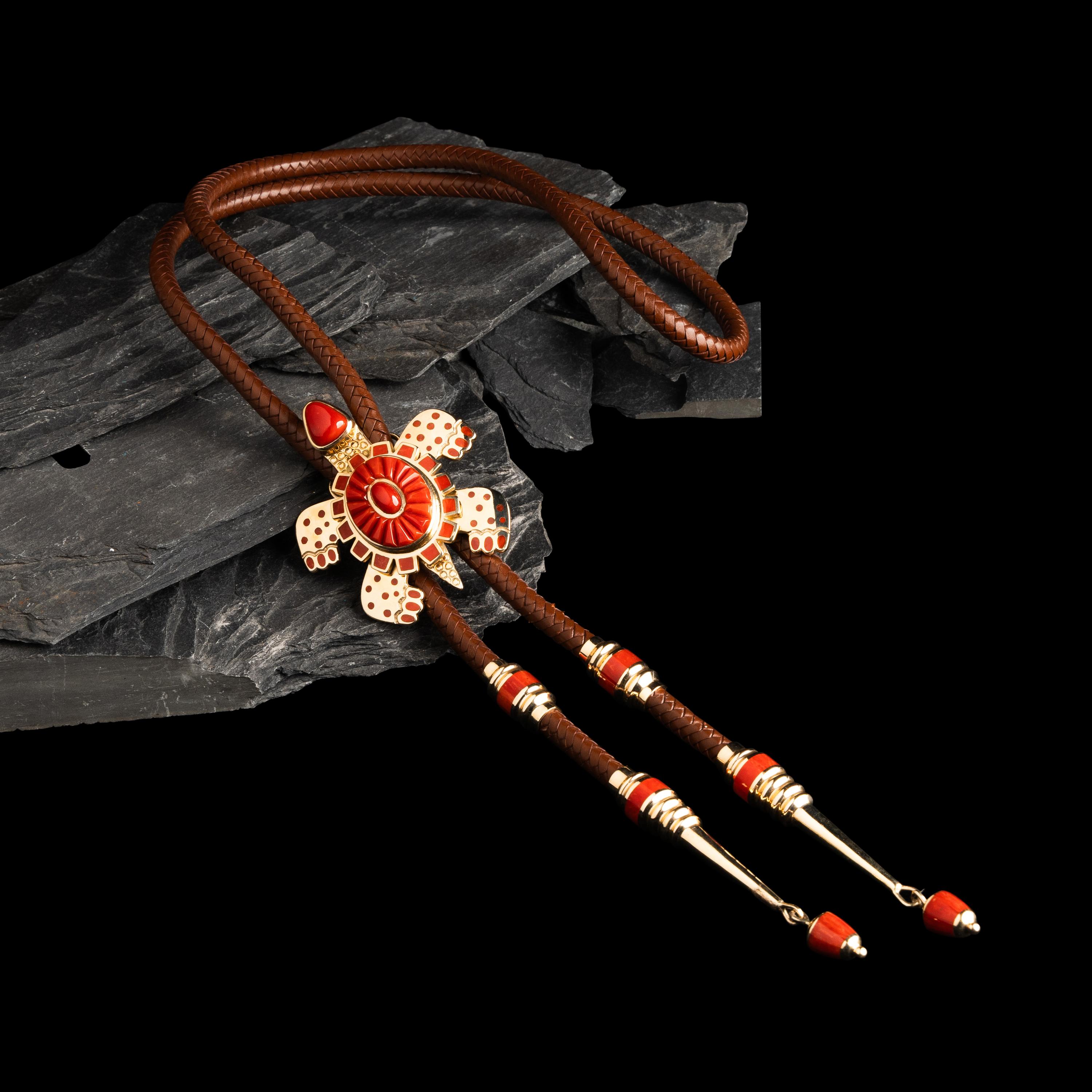 Vernon Haskie (Dine, b. 1968) — 14k Gold and Mediterranean Coral Turtle Bolo Tie
