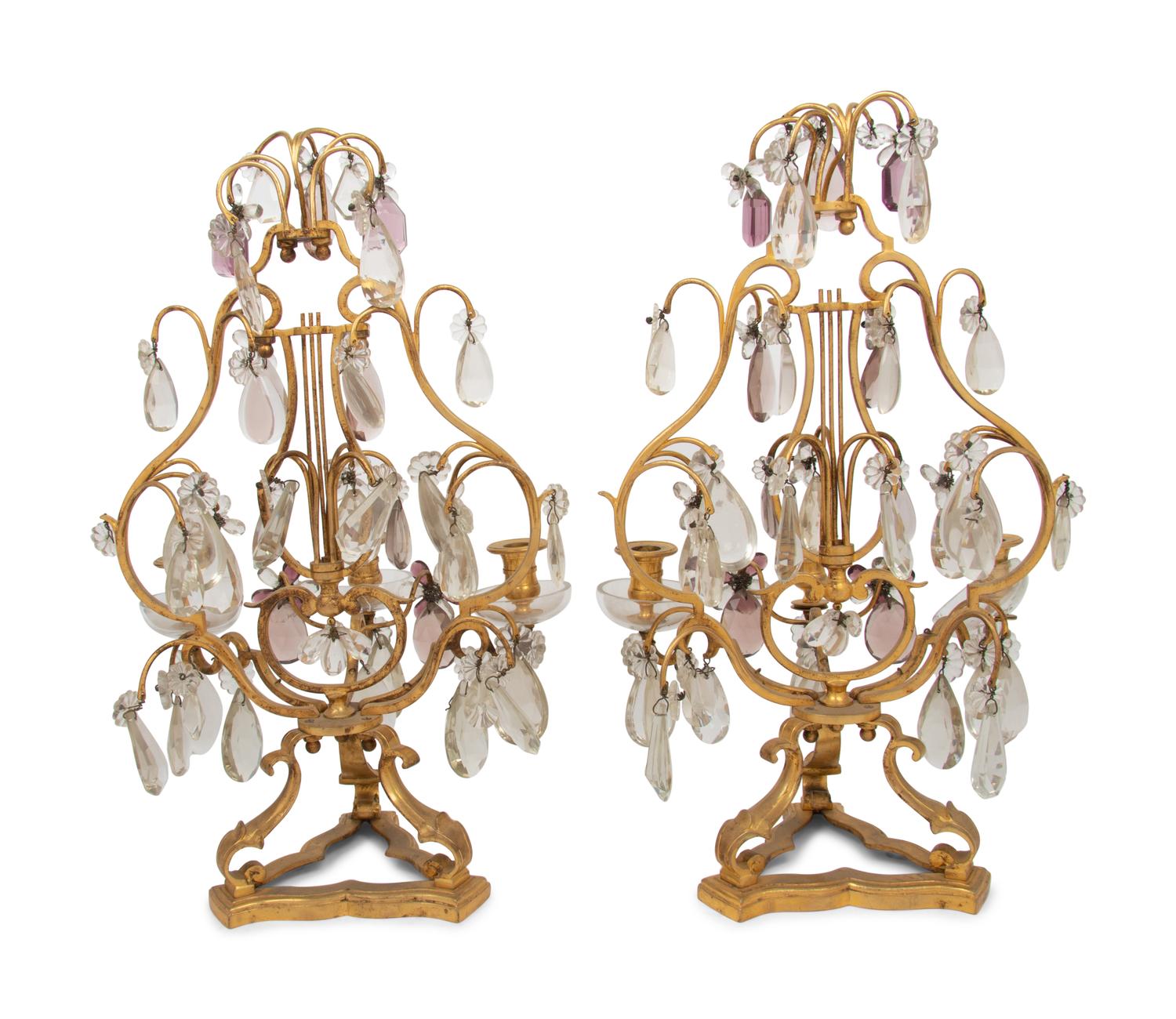 A Pair of French Gilt Bronze and Glass Three-Light Girandoles