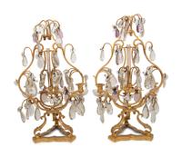 A Pair of French Gilt Bronze and Glass Three-Light Girandoles