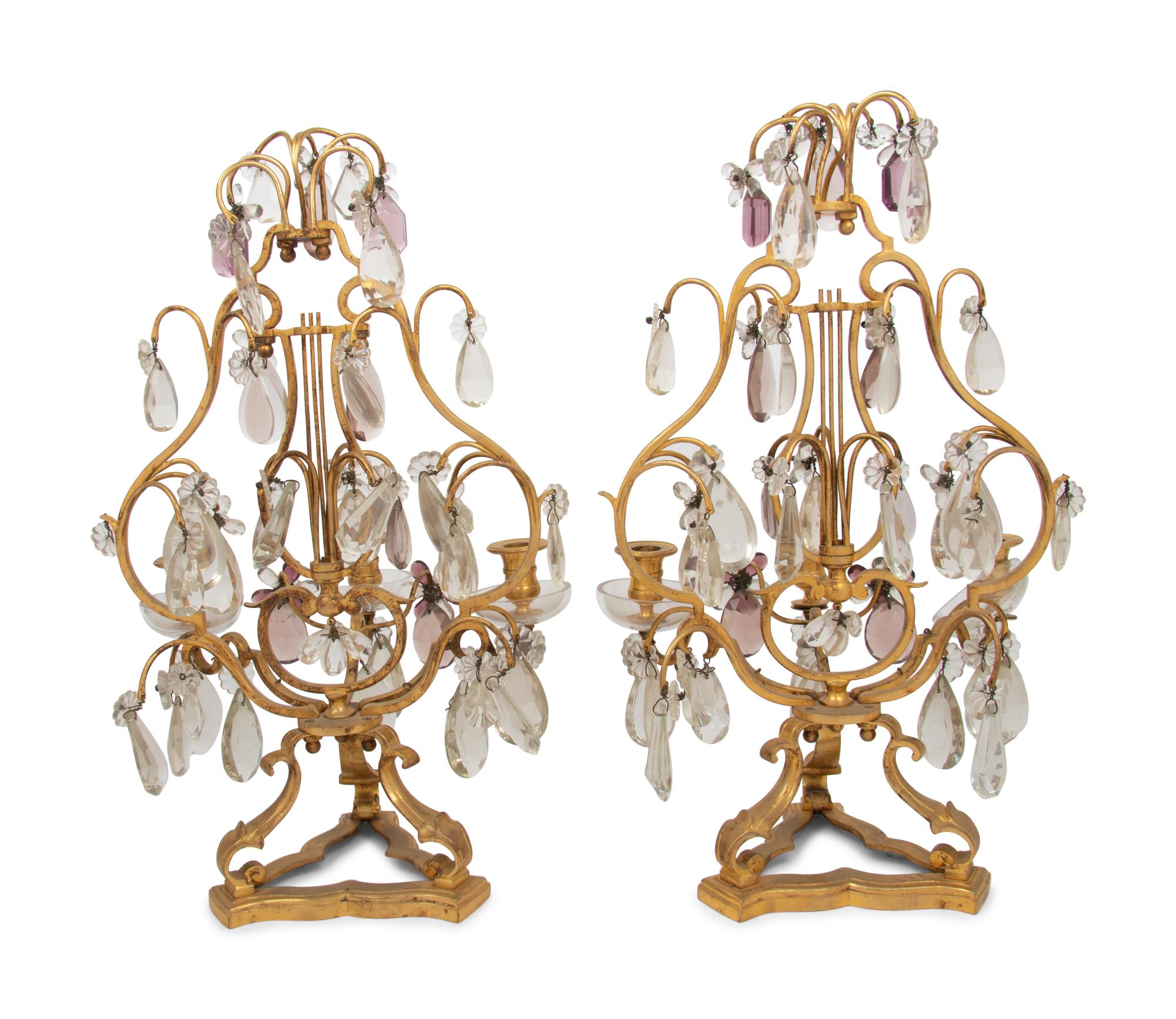 A Pair of French Gilt Bronze and Glass Three-Light Girandoles