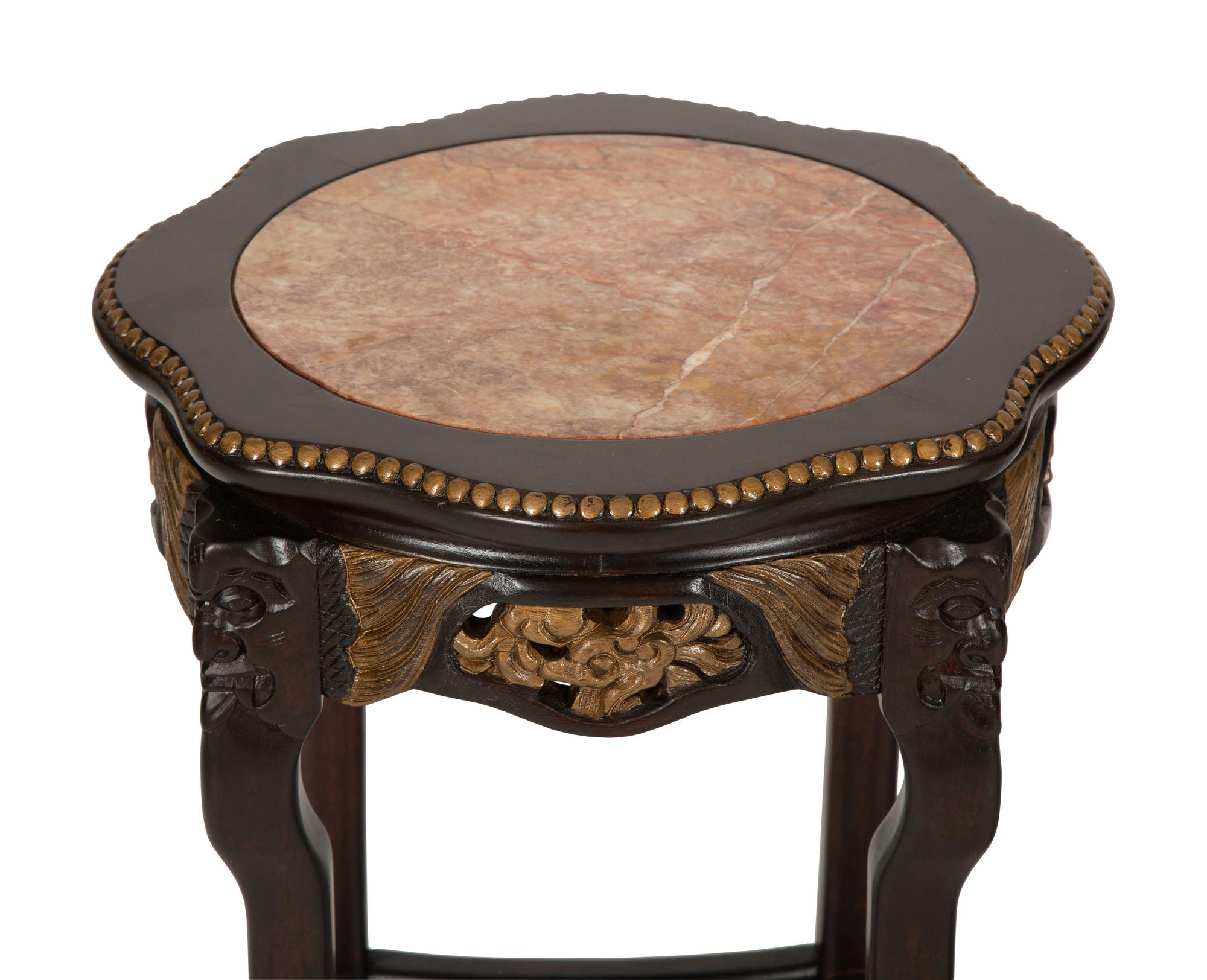 A Pair of Chinese Marble Inset and Parcel-Gilt Hardwood Stands