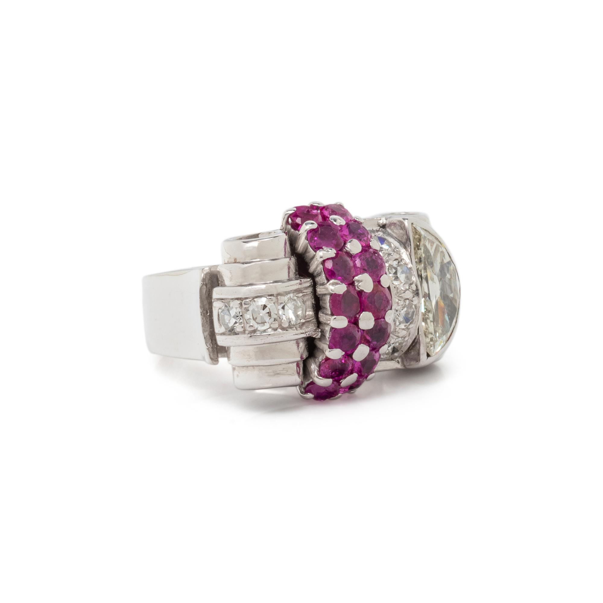 RETRO, WHITE GOLD, DIAMOND AND RUBY RING