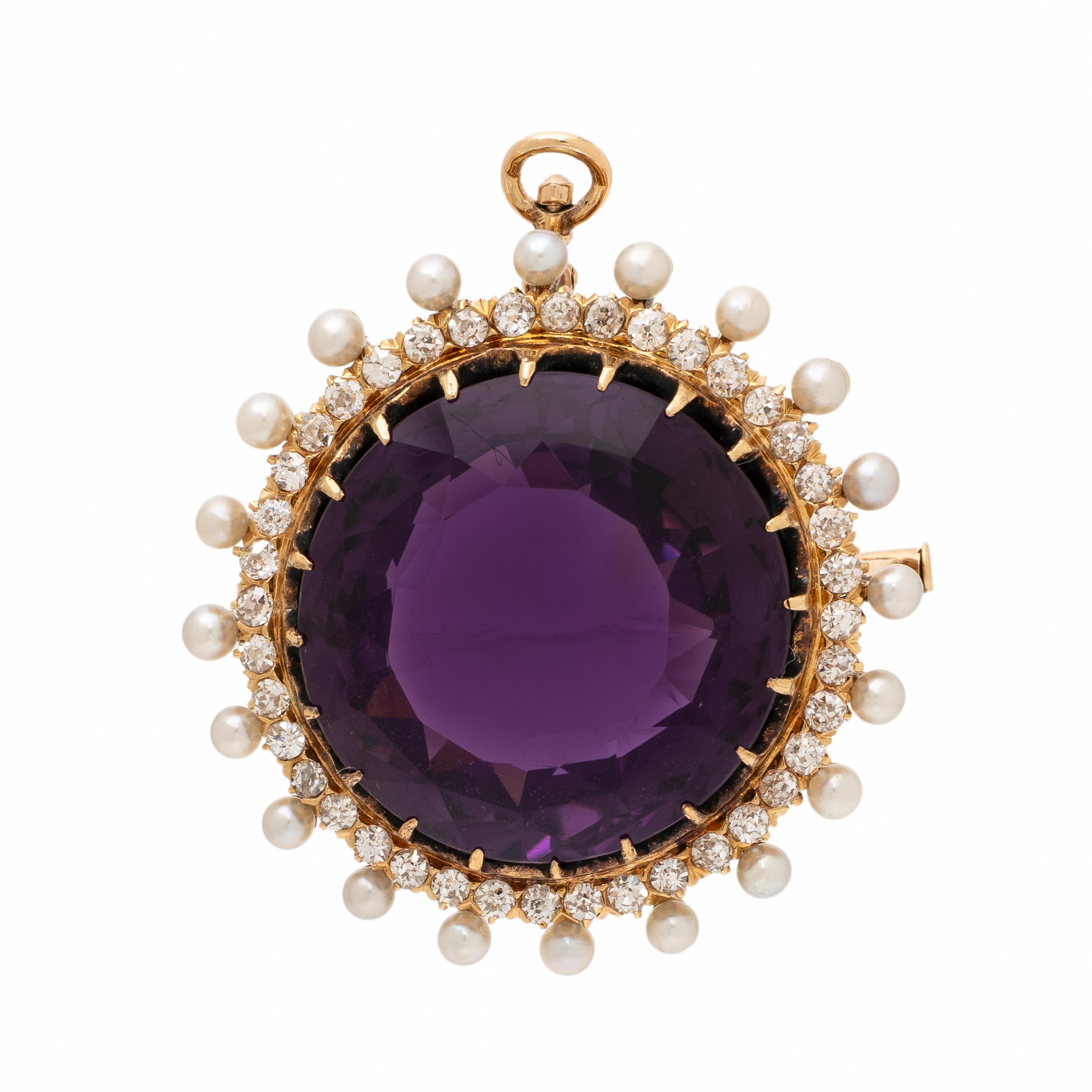 Edwardian, Amethyst, Diamond, and Seed Pearl Pendant Brooch