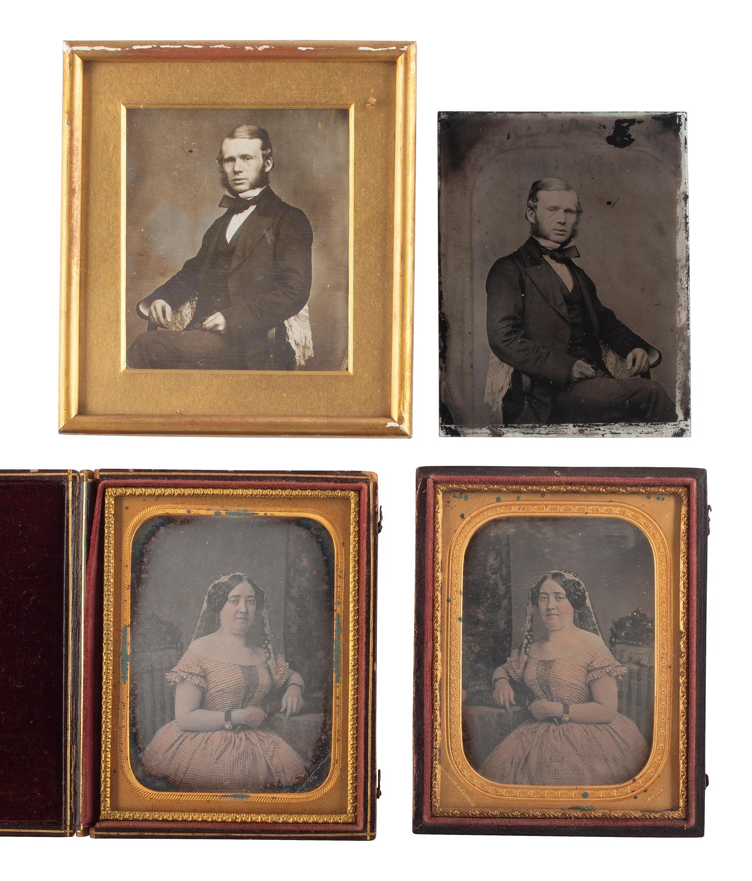 [EARLY PHOTOGRAPHY]. A collection of pairs and trios of cased images featuring the same male and female subjects, including many likely copy images, including: