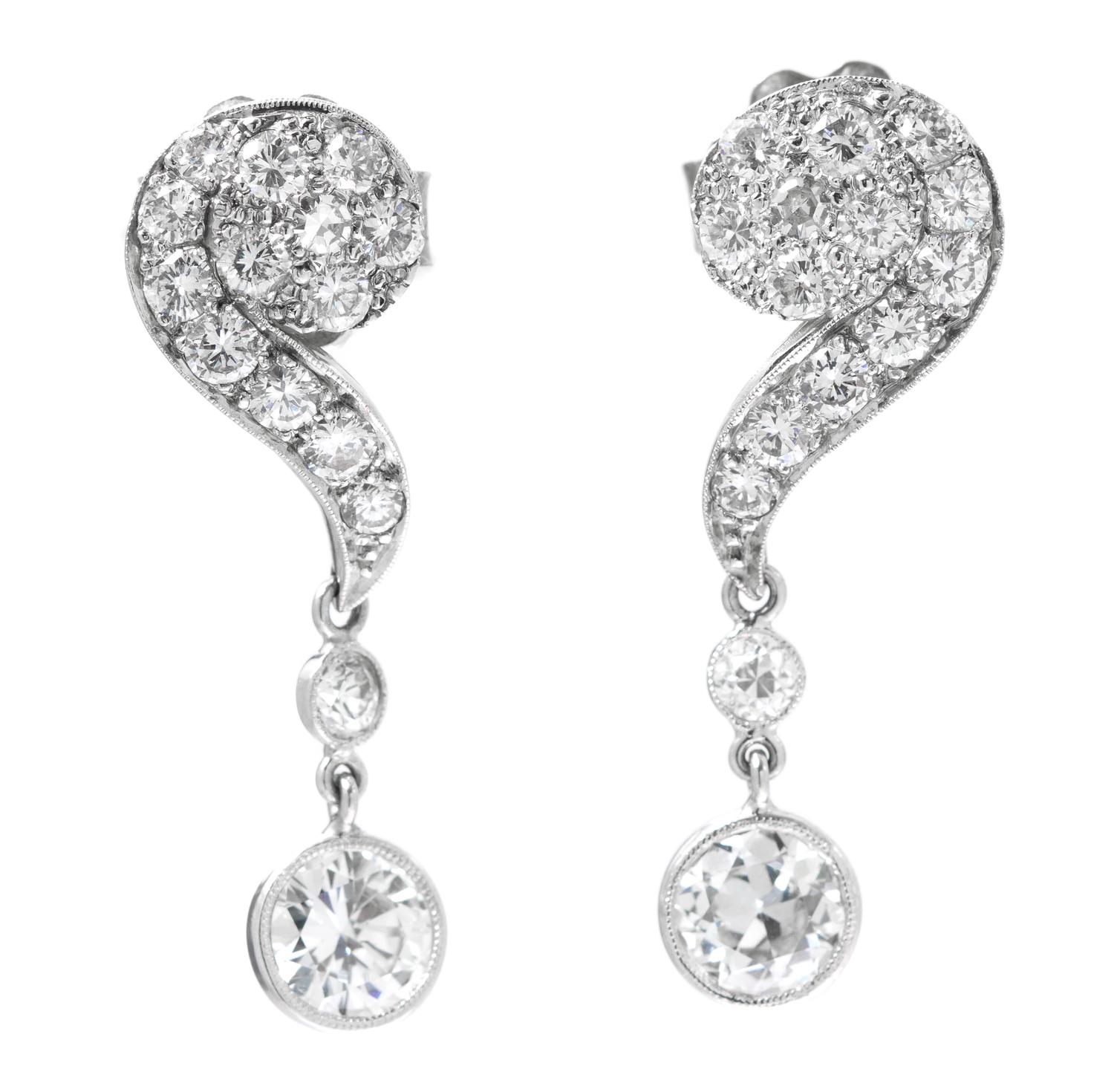 A Pair of Vintage White Gold and Diamond Dangle Earrings, 2.30 dwts.