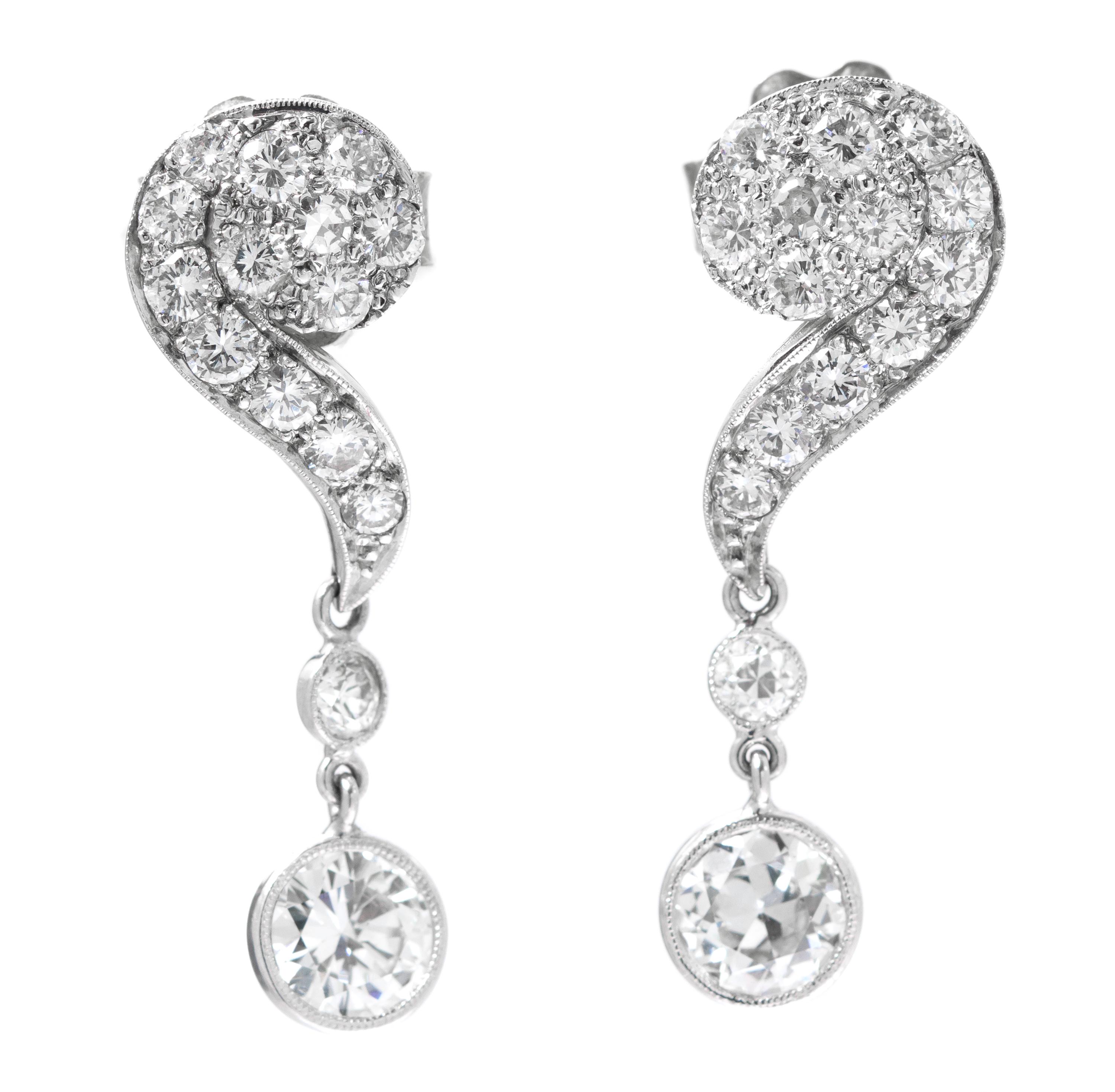 A Pair of Vintage White Gold and Diamond Dangle Earrings, 2.30 dwts.