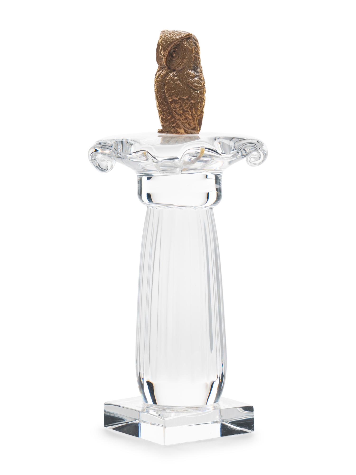 A Steuben Glass and 18 Karat Gold Column of the Owl Sculpture