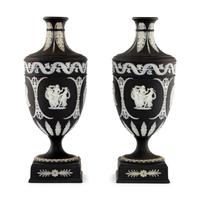 A Pair of Wedgwood Black Jasperware Urns