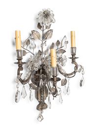 A Pair of Silvered Metal and Glass Three-Light Sconces in the Style of Maison Baguès