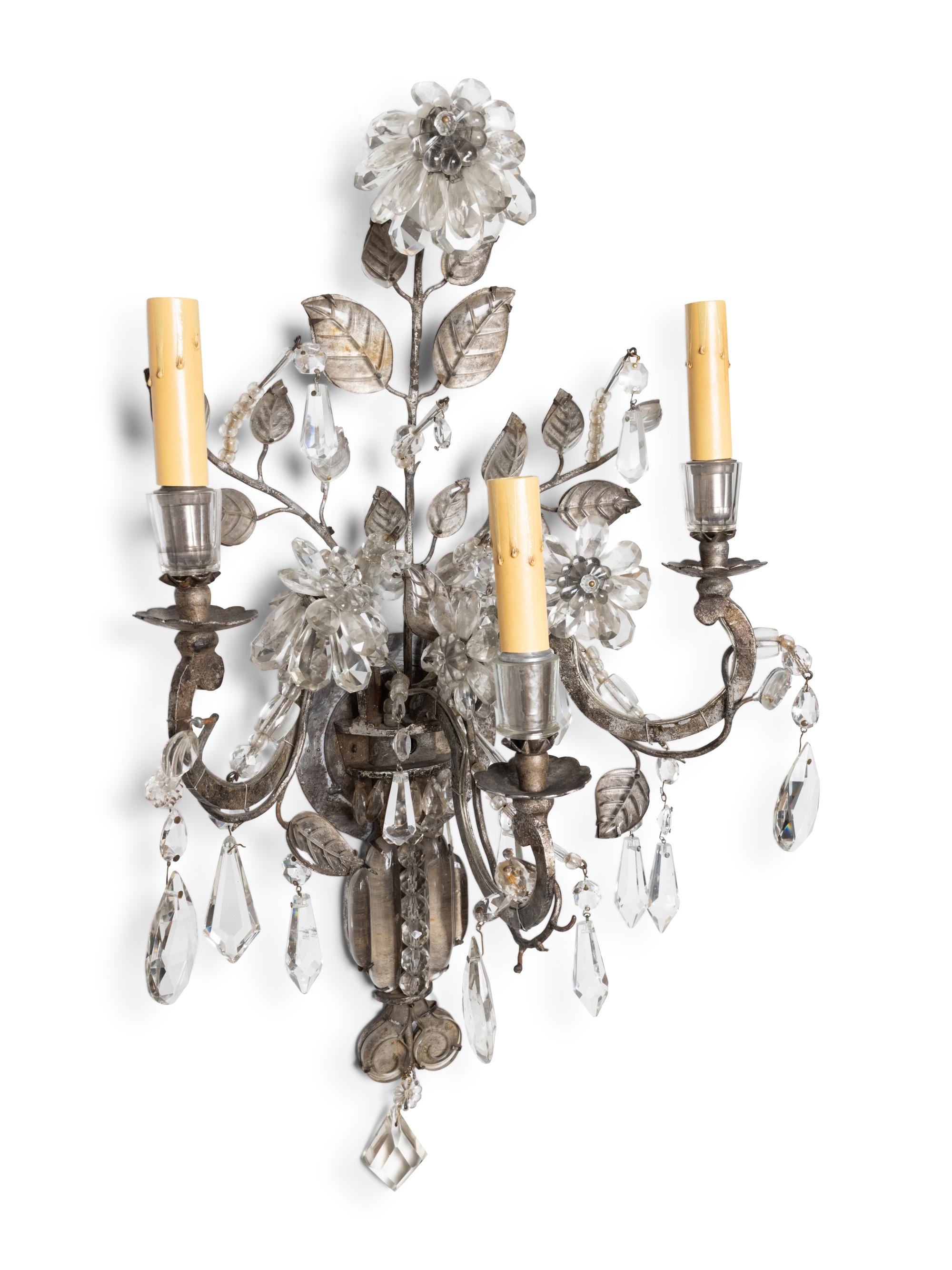 A Pair of Silvered Metal and Glass Three-Light Sconces in the Style of Maison Baguès