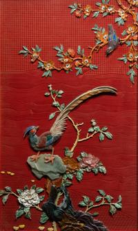 A Pair of Chinese Cinnabar Lacquered Ground Hardstone Inlaid Hanging Screens