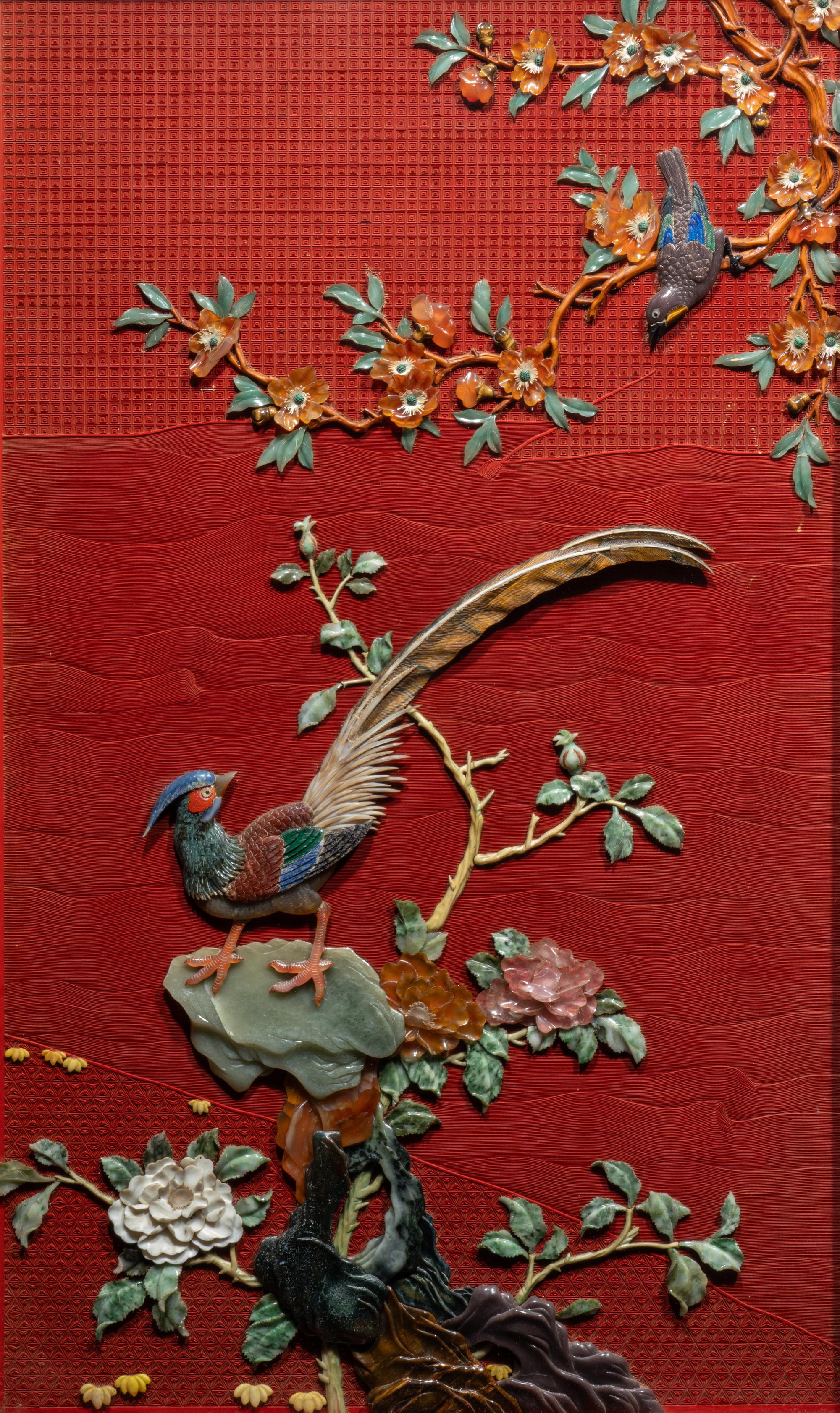 A Pair of Chinese Cinnabar Lacquered Ground Hardstone Inlaid Hanging Screens