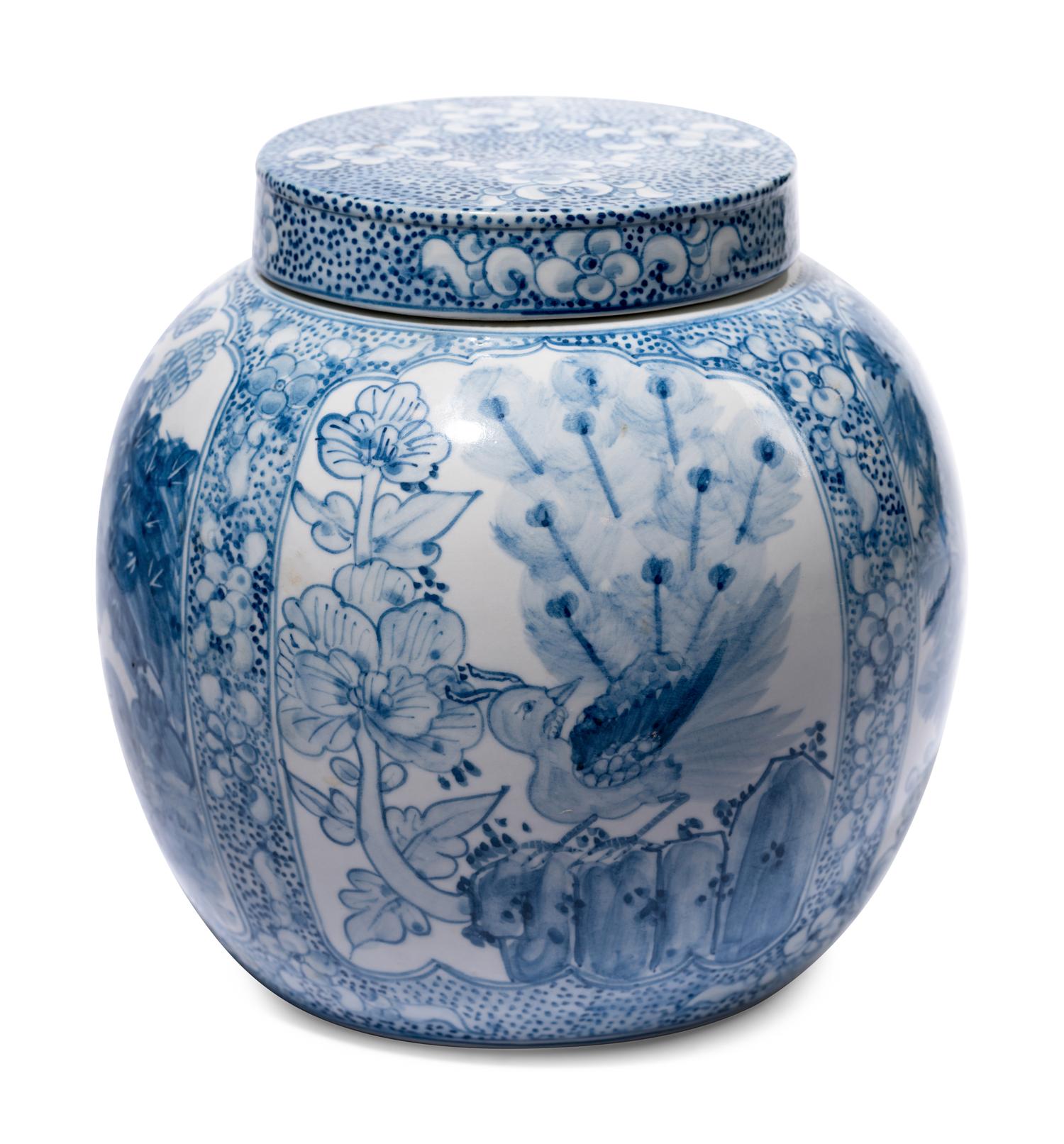 A Pair of Blue and White Porcelain Ginger Jars and a Bulb Dish
