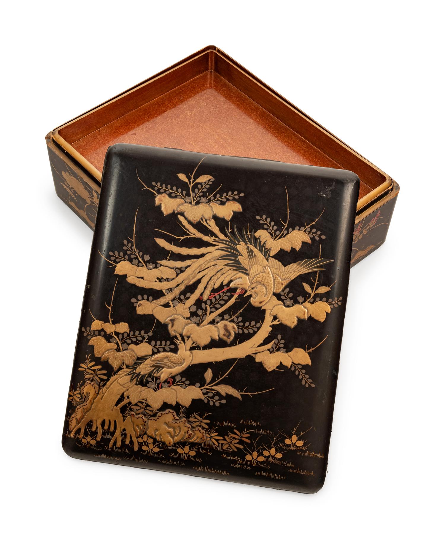 Two Japanese Gilt Decorated Black Lacquer Document Boxes, Ryoshibako
