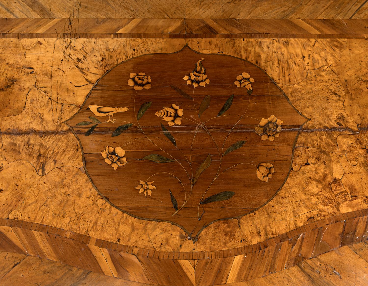 A Continental Gilt Bronze Mounted Burlwood Serpentine Commode