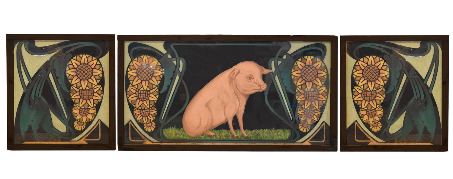A Three Panel Etched Glass Butcher Shop Sign 116" W x 1.75" D x 32.25" H — France, Circa 1910