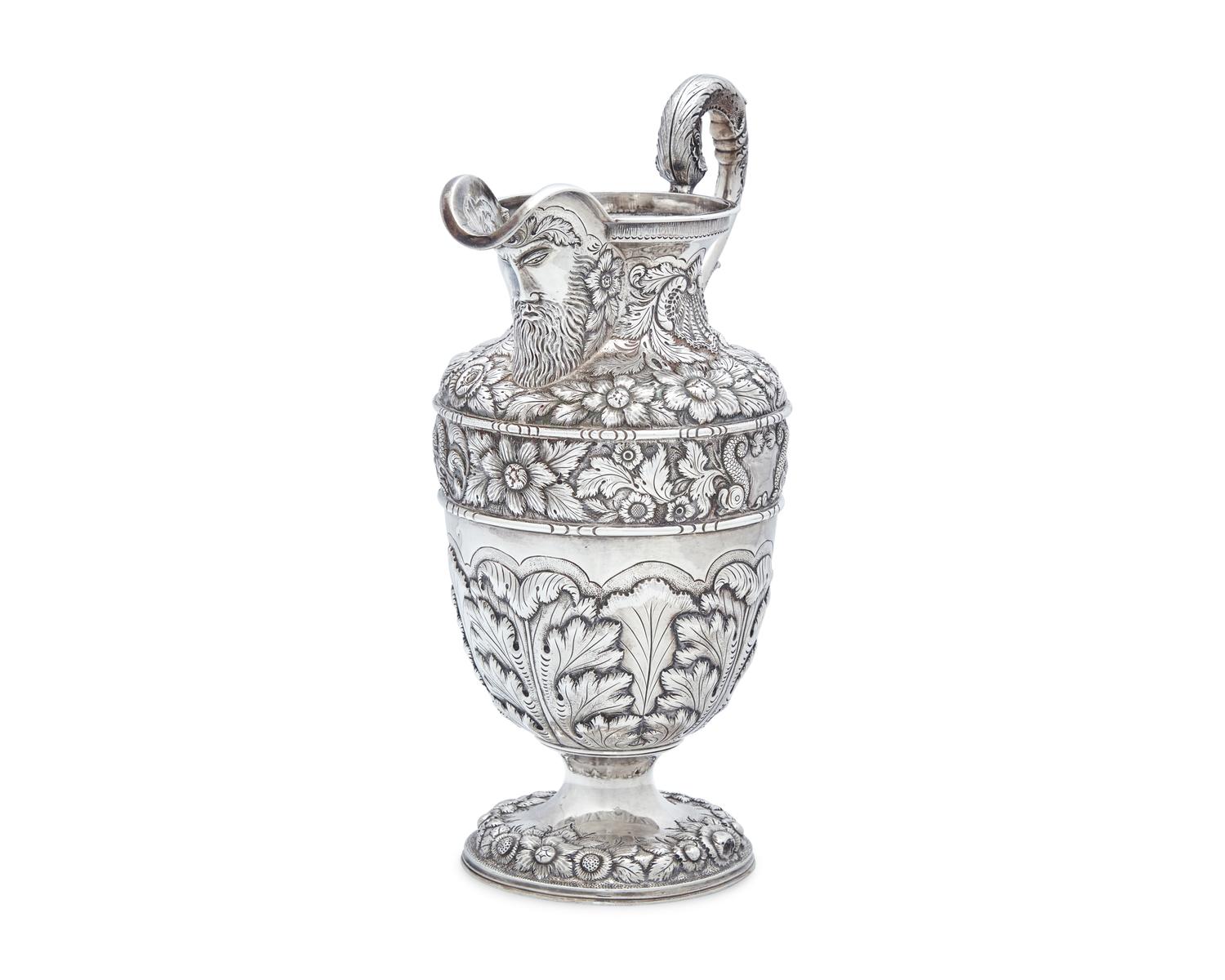 An Impressive Early Renaissance Revival Sterling Silver Repousse "Gilmor" Ewer