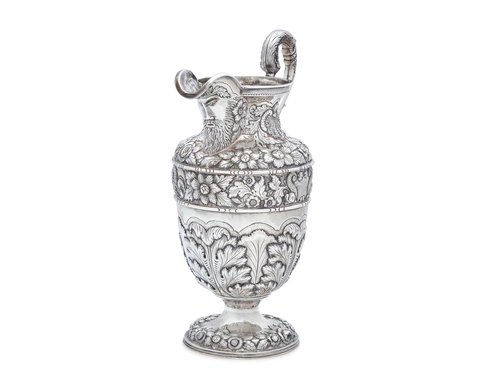 An Impressive Early Renaissance Revival Sterling Silver Repousse "Gilmor" Ewer