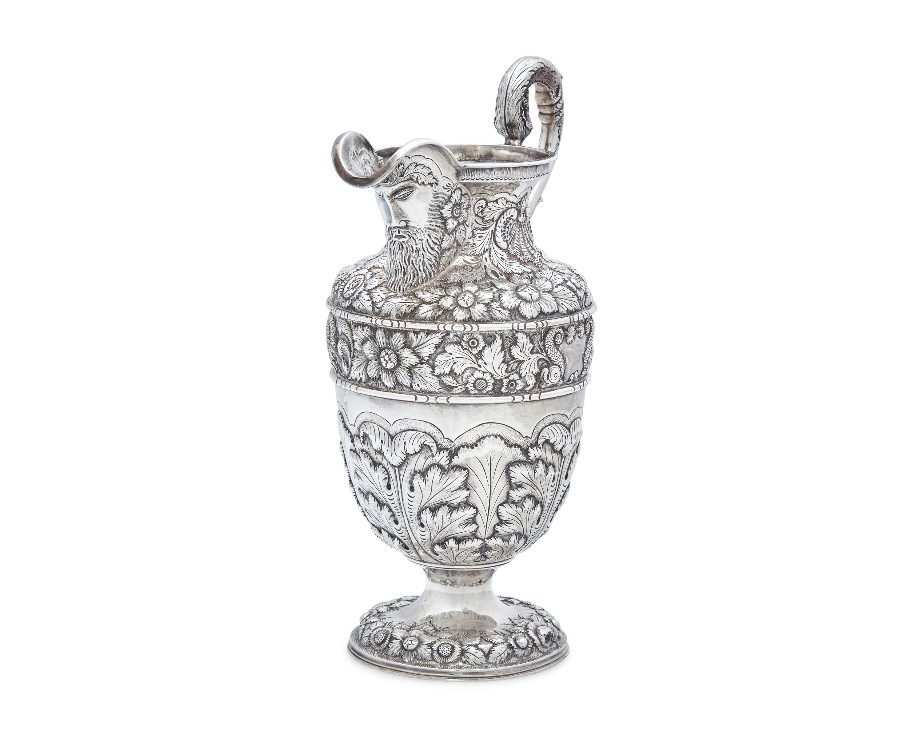 An Impressive Early Renaissance Revival Sterling Silver Repousse "Gilmor" Ewer