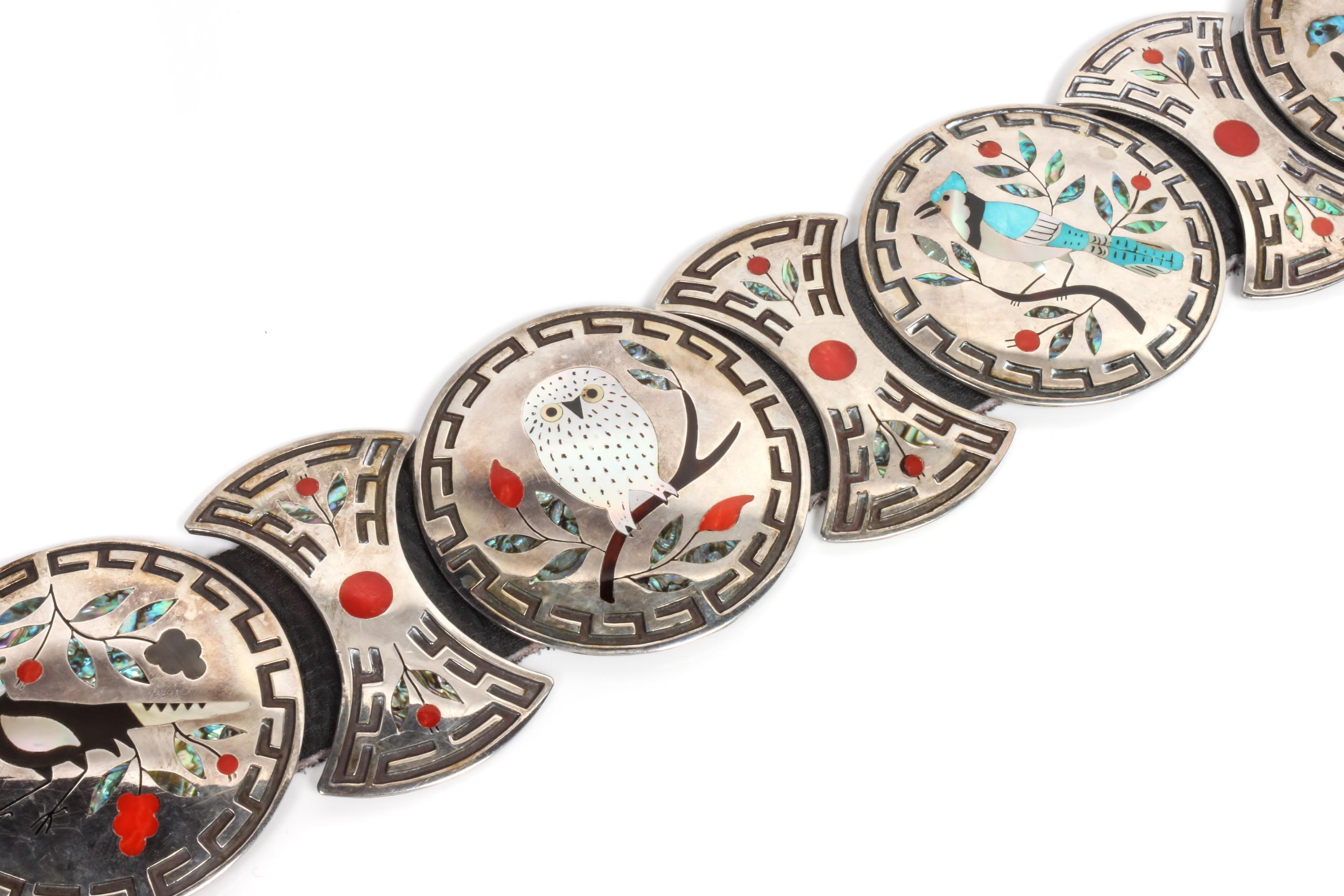 Zuni Silver Inlaid Concho Belt, Dennis and Nancy Edaakie (b.1931, b.1937) Length 53 inches