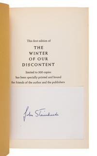 STEINBECK, John (1902-1968). A group of 11 works, MOST FIRST EDITIONS IN UNRESTORED UNCLIPPED DUST JACKETS, including: